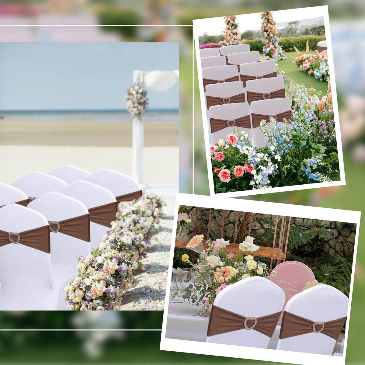Fbewom Brown Chair Sashes 60 Pack Spandex Brown Sashes for Chairs Universal Spandex Chair Sashes Bands with Heart Buckle Slider for Wedding Banquet Party Decorations