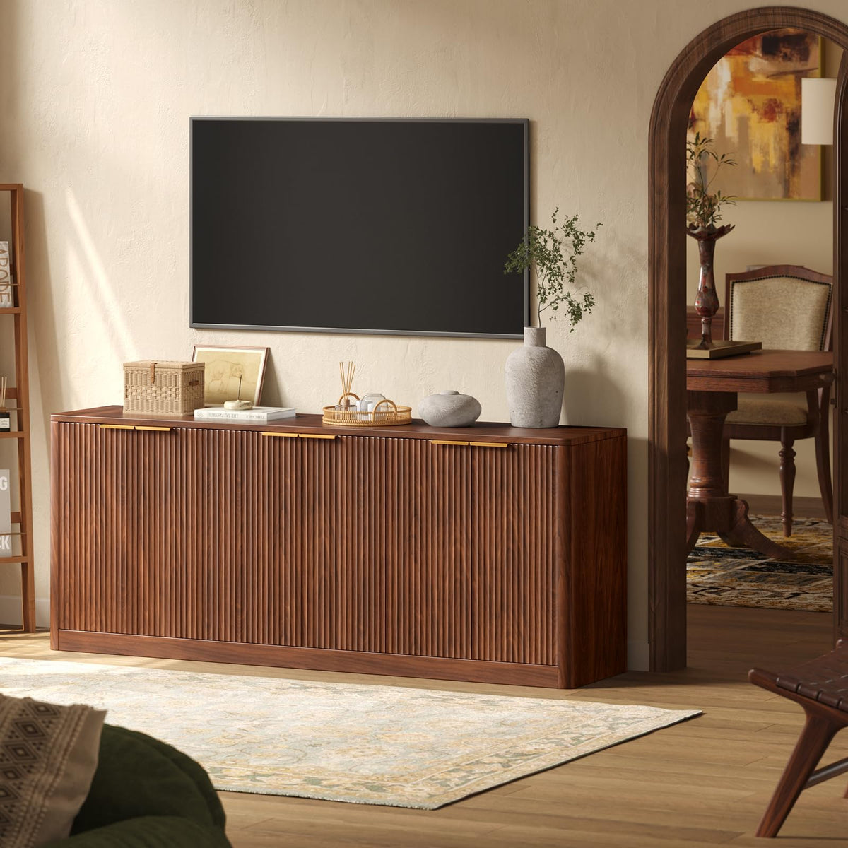 Evermagin 67" Fluted Walnut Buffet Cabinet Sideboard with Storage, Large Credenza with 6 Doors, Wood Mid Century Modern Sideboard for Kitchen and Living Room (67" W*31.5" H*15.7" D)