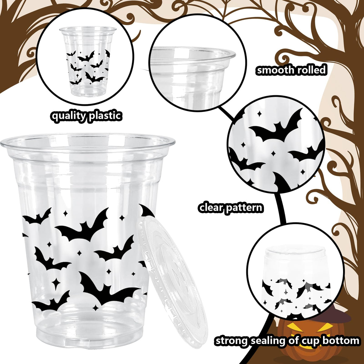Whaline 50Pcs 12Oz Halloween Plastic Cups with Lids & Straws Black Bat Disposable Clear Drinking Cups for Home Party Supplies