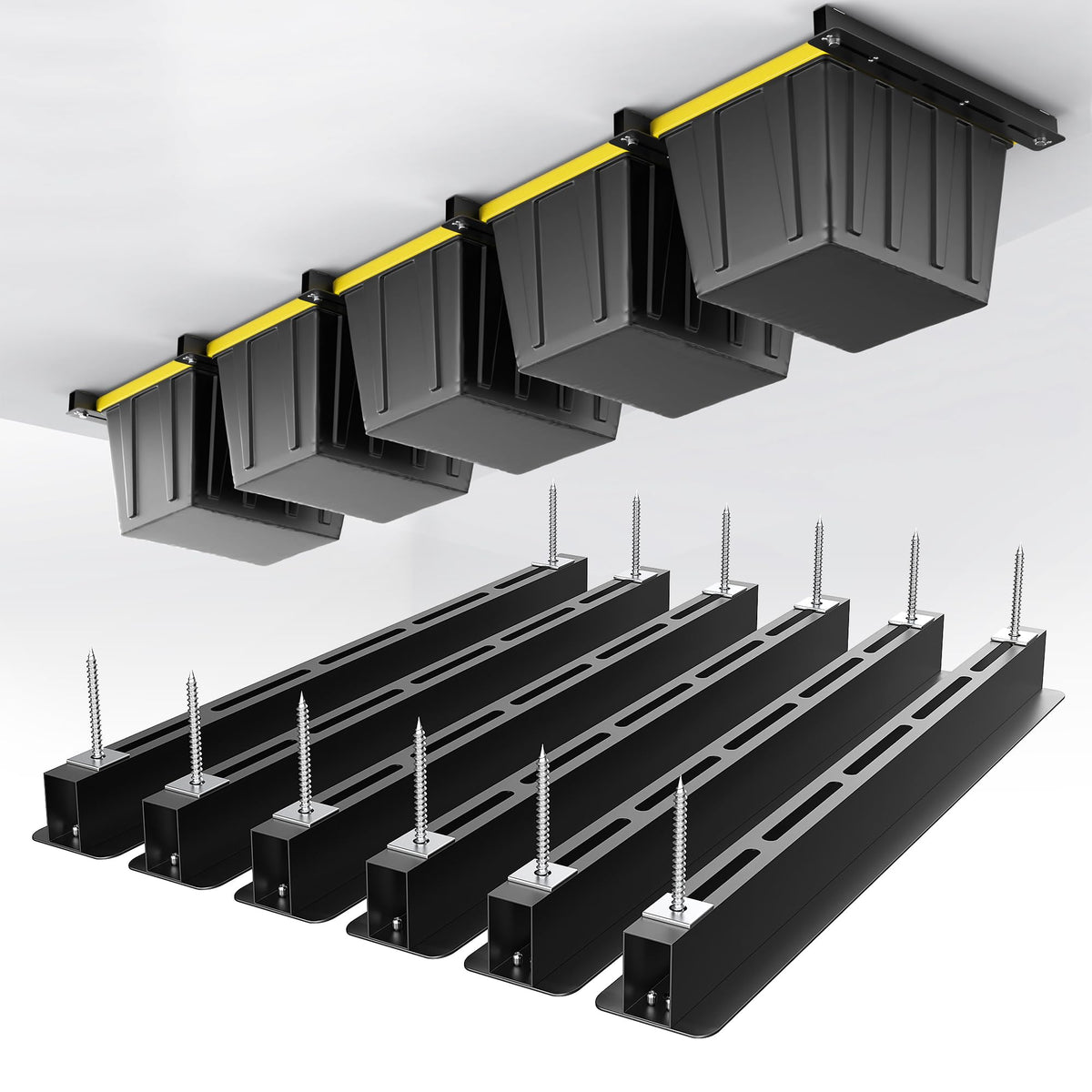 EVERHANGER Ceiling Storage Rack, Heavy Duty Overhead Garage Storage Rack, Adjustable Ceiling Bin Storage System, 6 Sets for 5 Bins, 26 Inch