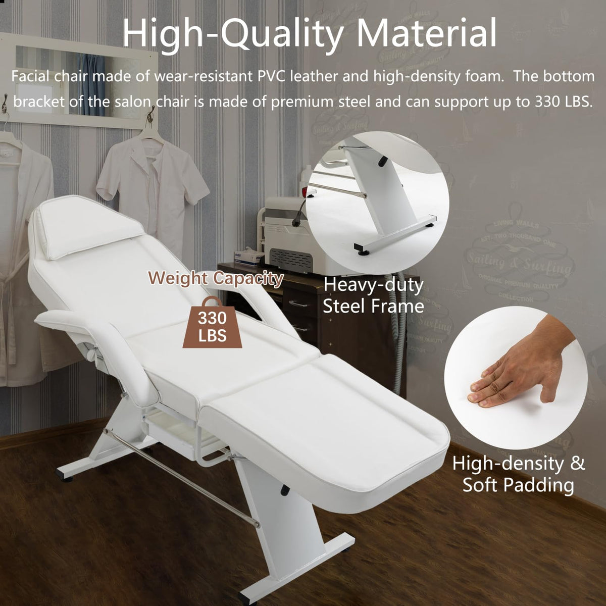 Geelife Massage Salon Tattoo Chair with Two Trays Esthetician Bed with Hydraulic Stool,Multi-Purpose 3-Section Facial Bed Table, Adjustable Beauty Barber Spa Beauty Equipment, White - Metal White -