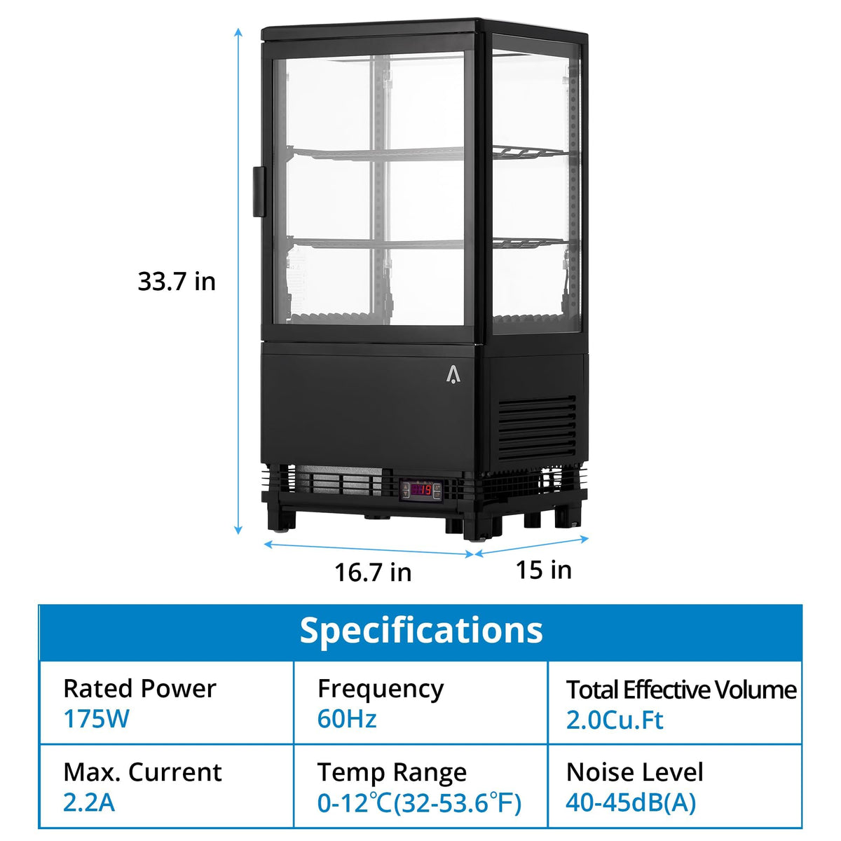 2.0 Cu.Ft. Countertop Refrigerated Display Case, Commercial Pastry Refrigerator with Led and Air-Cooling, Bakery, Cafes and Restaurants, Featuring Rear Sliding Door for Easy Access and Frost-Free