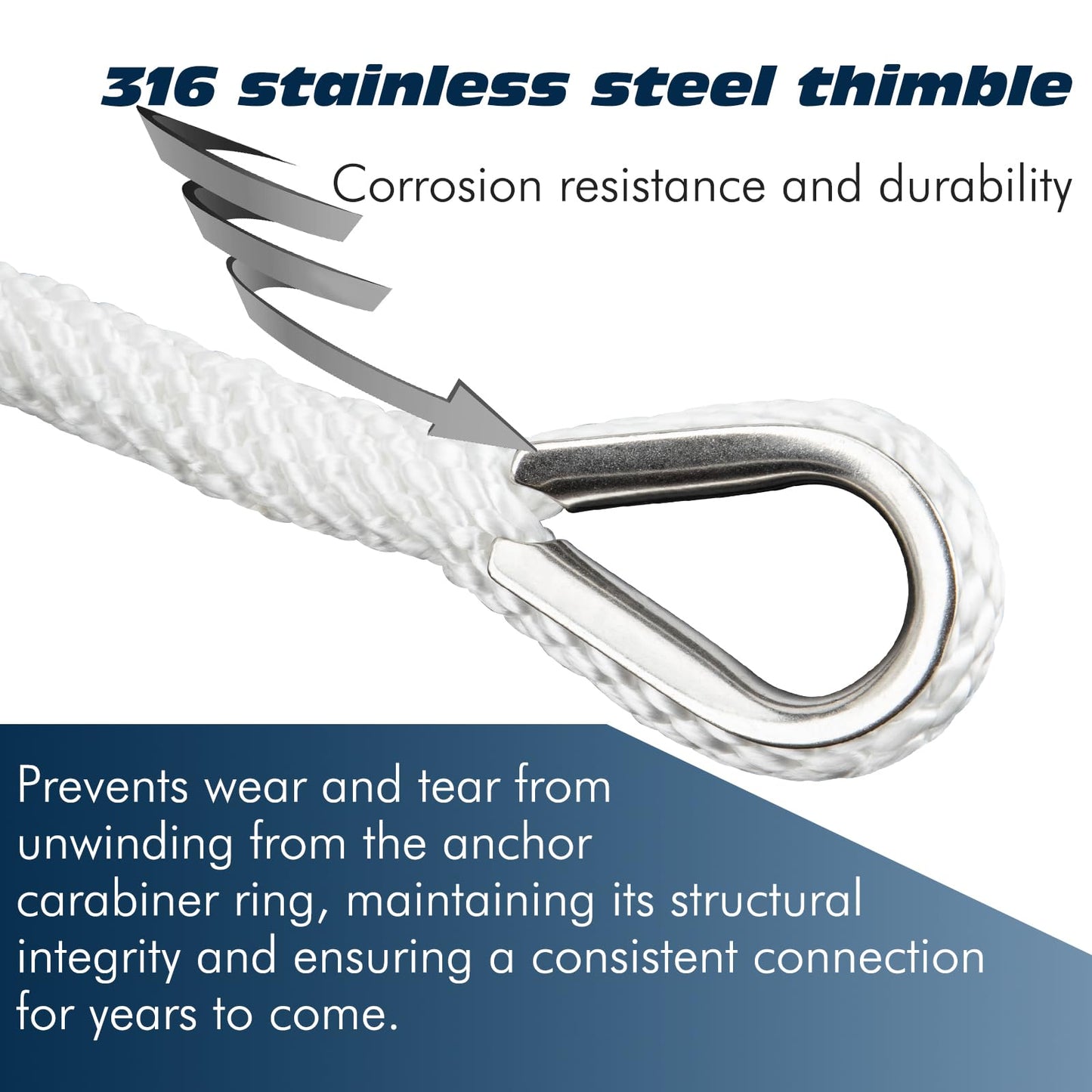 PropelTech Anchor Rope Braided Anchor Line(White, 3/8" x 150') Premium Solid Braid MFP Boat Rope with Stainless Steel Thimble & Shackle, Quality Marine Line, Boat Accessories