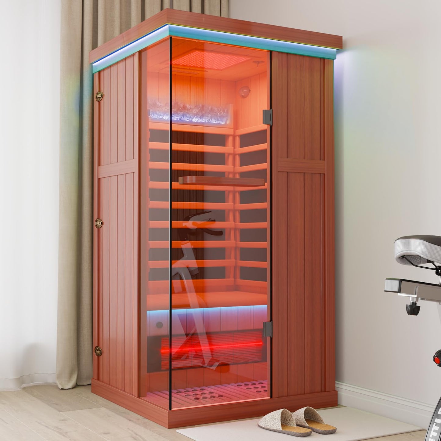 MEISSALIVVE Full Spectrum Infrared Sauna，1 Person Home Sauna， Red Cedar Indoor Spa Sauna with Resonance Speaker and Tempered Glass