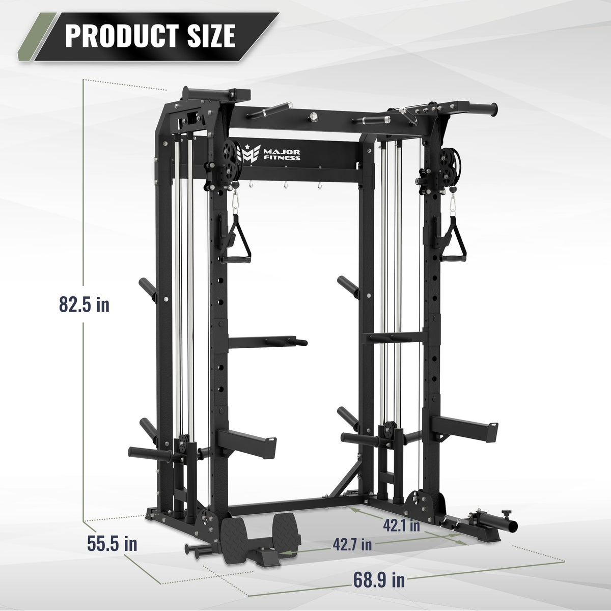 MAJOR FITNESS F22 Power Rack, 1600lbs All-in-One Squat Rack with Cable Crossover, Dual Pulley System, Heavy-Duty Steel Frame, Attachments & Storage for Home Gym Strength Training, Khaki