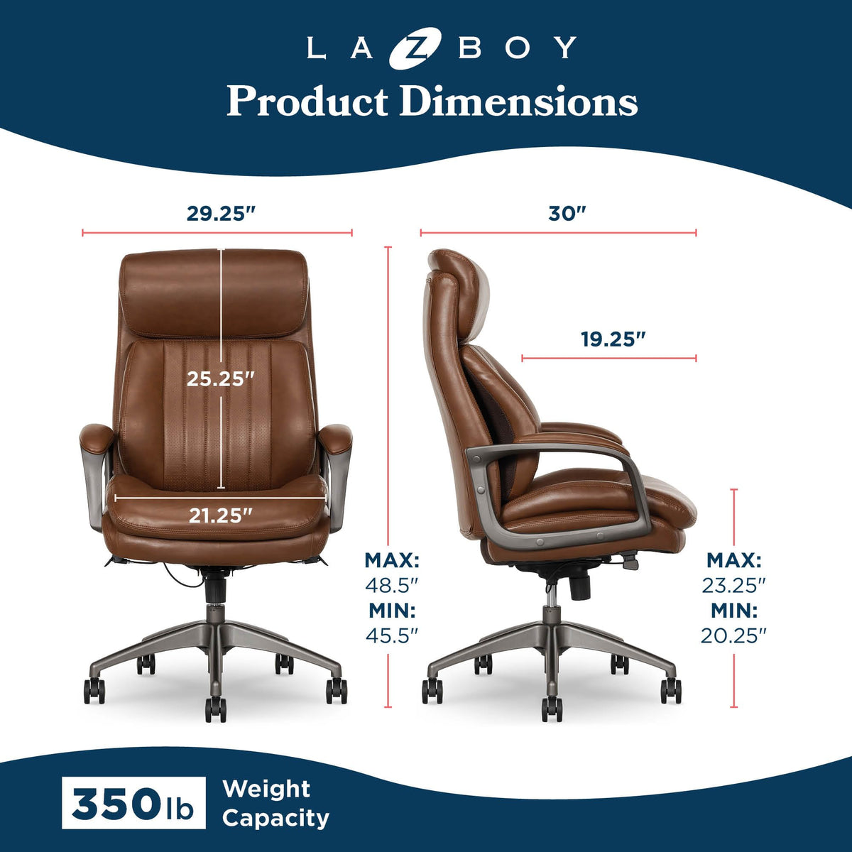 La-Z-Boy Nova Executive Office Chair - Ergonomic High Back Desk Chair with AIR Lumbar Support - Comfortable ComputerChair for Home Office - Vegan Leather - Cognac Brown