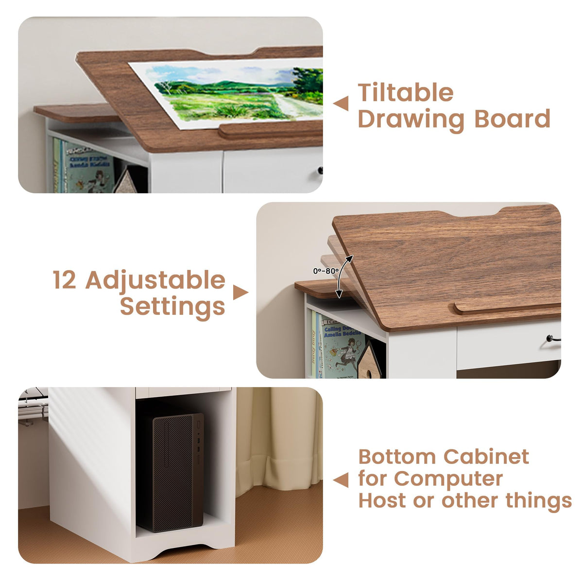 Lurinthal Drafting Table with Storage Cabinet & Drawers, Adjustable Drawing Desk with Open Shelves, Craft Table Painting Desk for Artists, Painters, Drawing, Crafting, Reading, Writing, Working