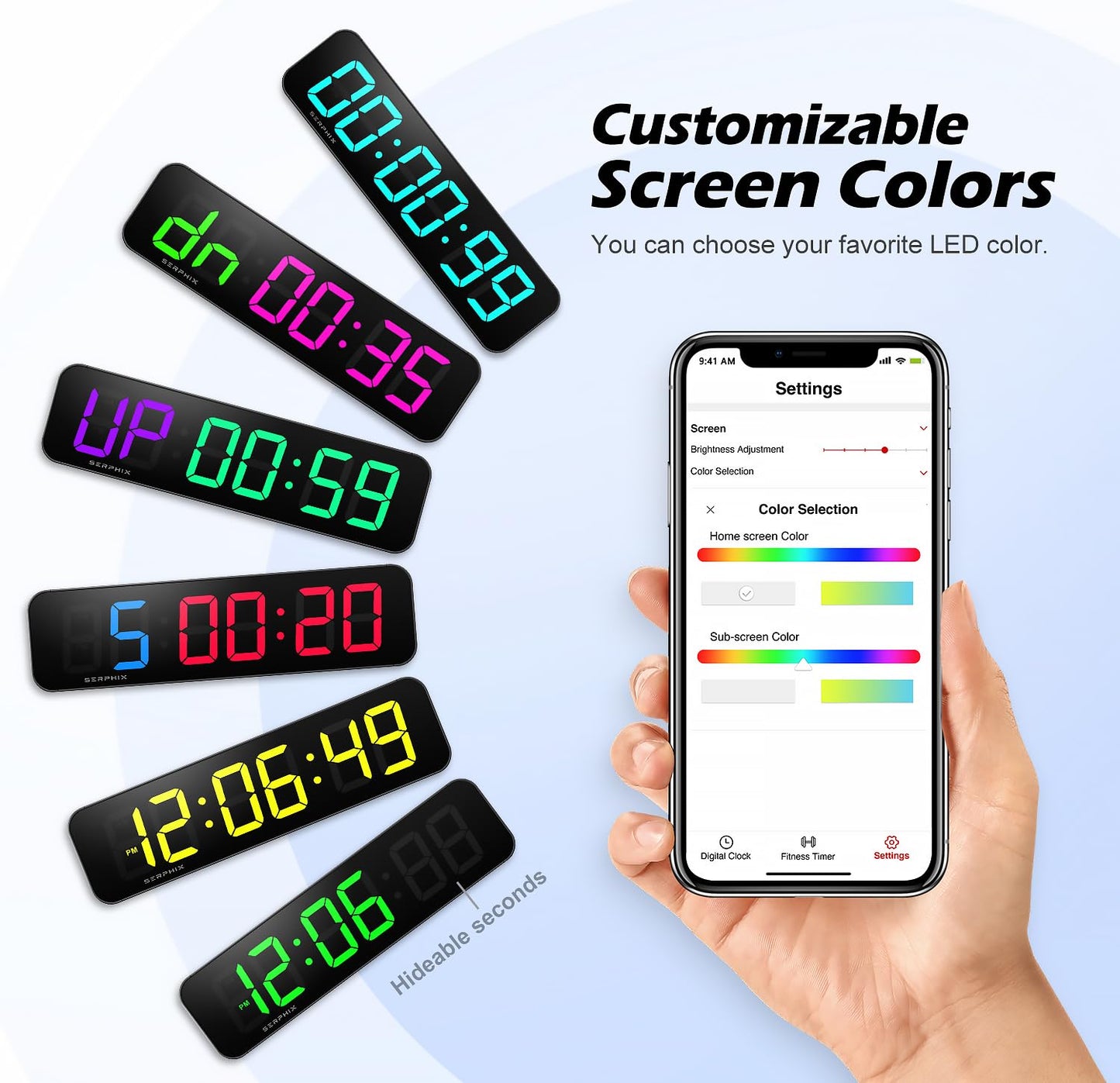 SERPHIX 15.2" Gym Timer, App & Remote Control, Customizable LED Colors, Workout Interval Timer Stopwatch Countdown Large Digital Wall Clock for Home Gym