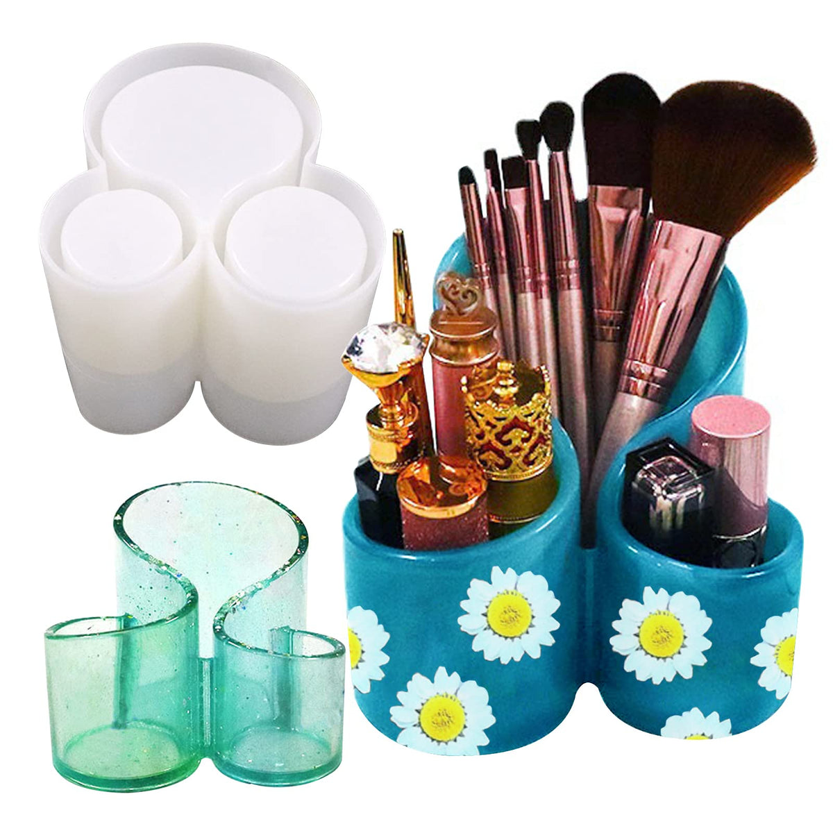Resin Molds Silicone Storage Box Mold, Unique Makeup Organizer Trinket Container Epoxy Mold with 3 Slots, Pen Brush Holder Mould, Resin Clay Craft Making Home Ornament
