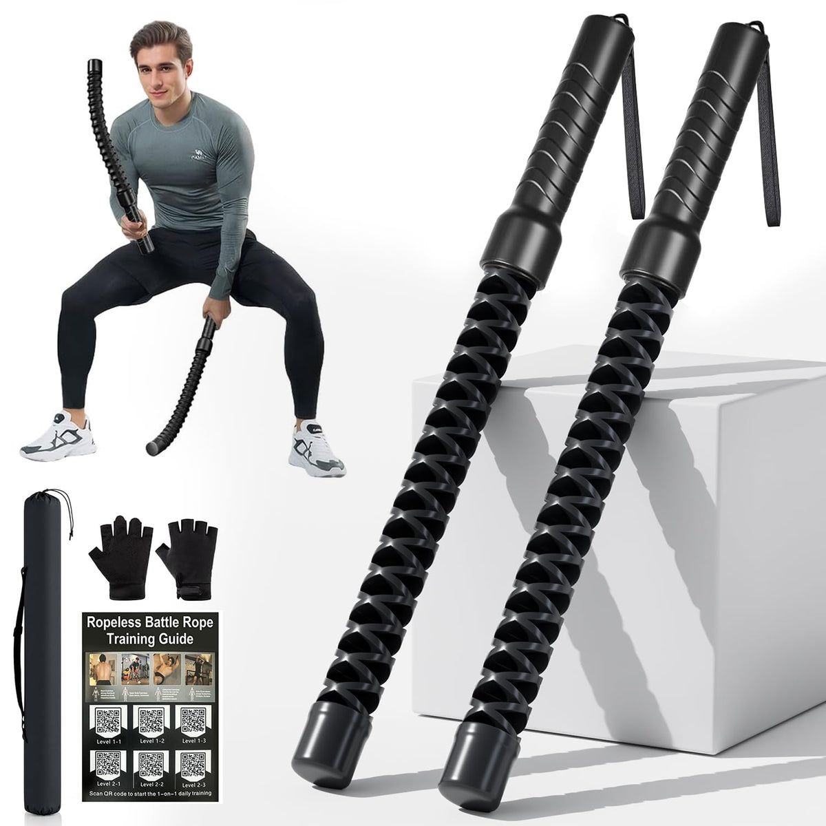 Weighted Ropeless Battle Ropes, Heavy Duty Portable Cordless Battle Ropess for HIIT Workouts, Cardio & Muscle Training, Low-Impact Cardio Training for Men & Women with Non-Slip Gloves