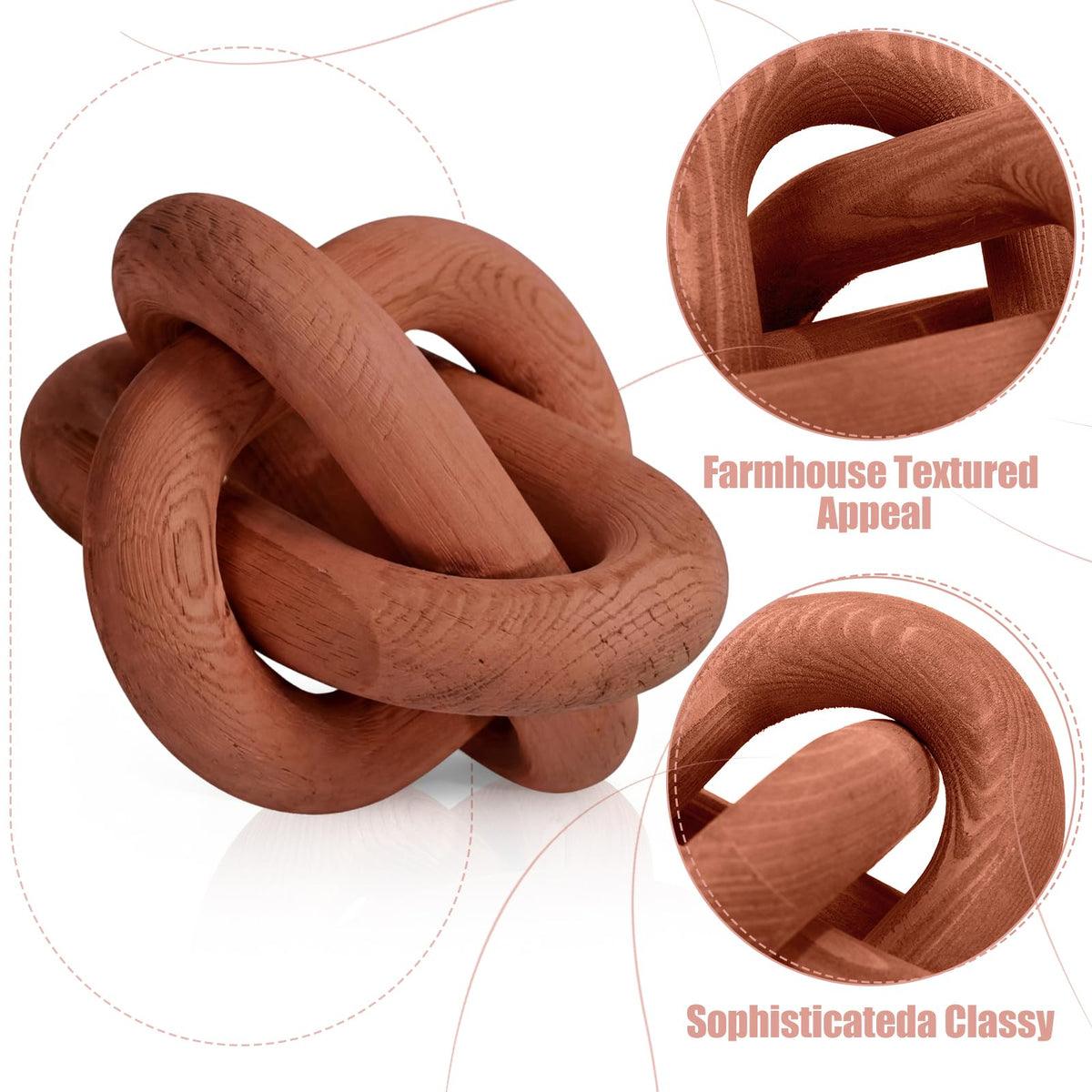 BrightRow Wood Knot Decorations Set of 3, Wooden Chain Link Coffee Table Decor, Modern Boho Farmhouse Rustic Home Decor for Living Room Shelf Tabletop Sizes 3.94", 4.72", 5.91"(Rust)