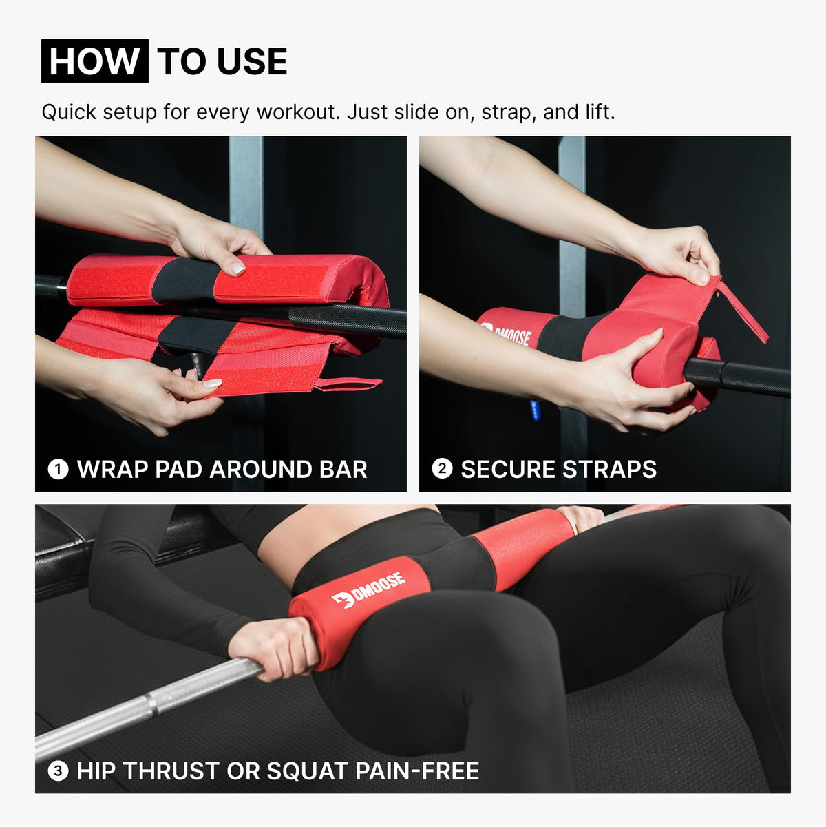 DMoose Fitness Barbell Squat Pad - Hip Thrust Pad for Squats & Lunges - Relief Pressure from Neck, Shoulder & Lower Back - Non-Slip EVA Foam with Safety Straps for Gym & Home - (Black Fabricated)
