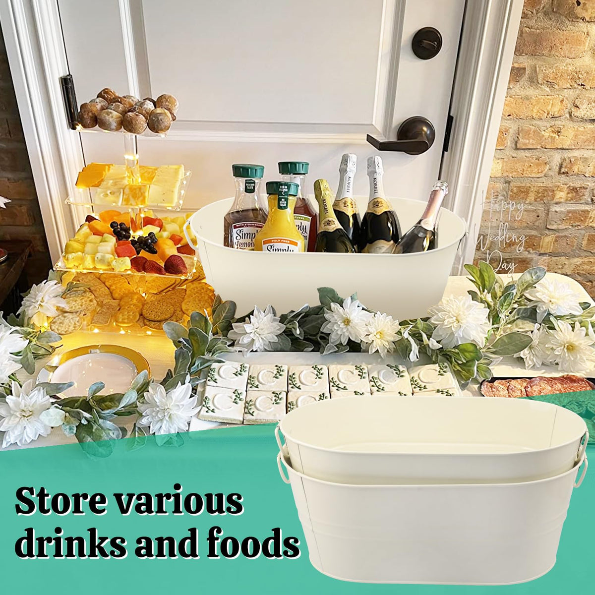 GENHAKON 3 PCS 15.3 x 9 x 6 inch White Metal Galvanized Tub with Handles, 3 Gallon Large Beverage Tubs for Wine, Cocktails, Parties, Outdoor Beer Ice Tub