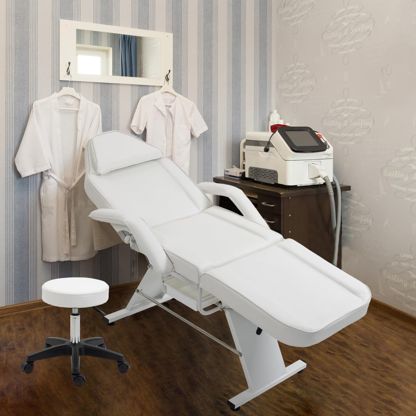 Massage Salon Tattoo Chair with Two Trays Esthetician Bed Hydraulic Stool Metal White Multi-Purpose 3-Section Facial Table Spa Beauty Equipment