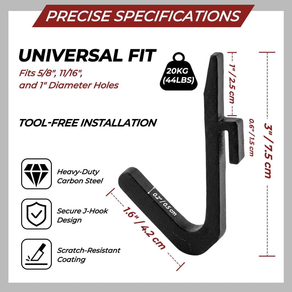 Lights Mountain Power Rack Hooks 10 Pack, J Hooks for Squat Rack, Heavy Duty Gym Storage Hooks for Resistance Bands, Belts, Chains & Cable Attachments & Accessories, Fits 5/8" & 1" Holes