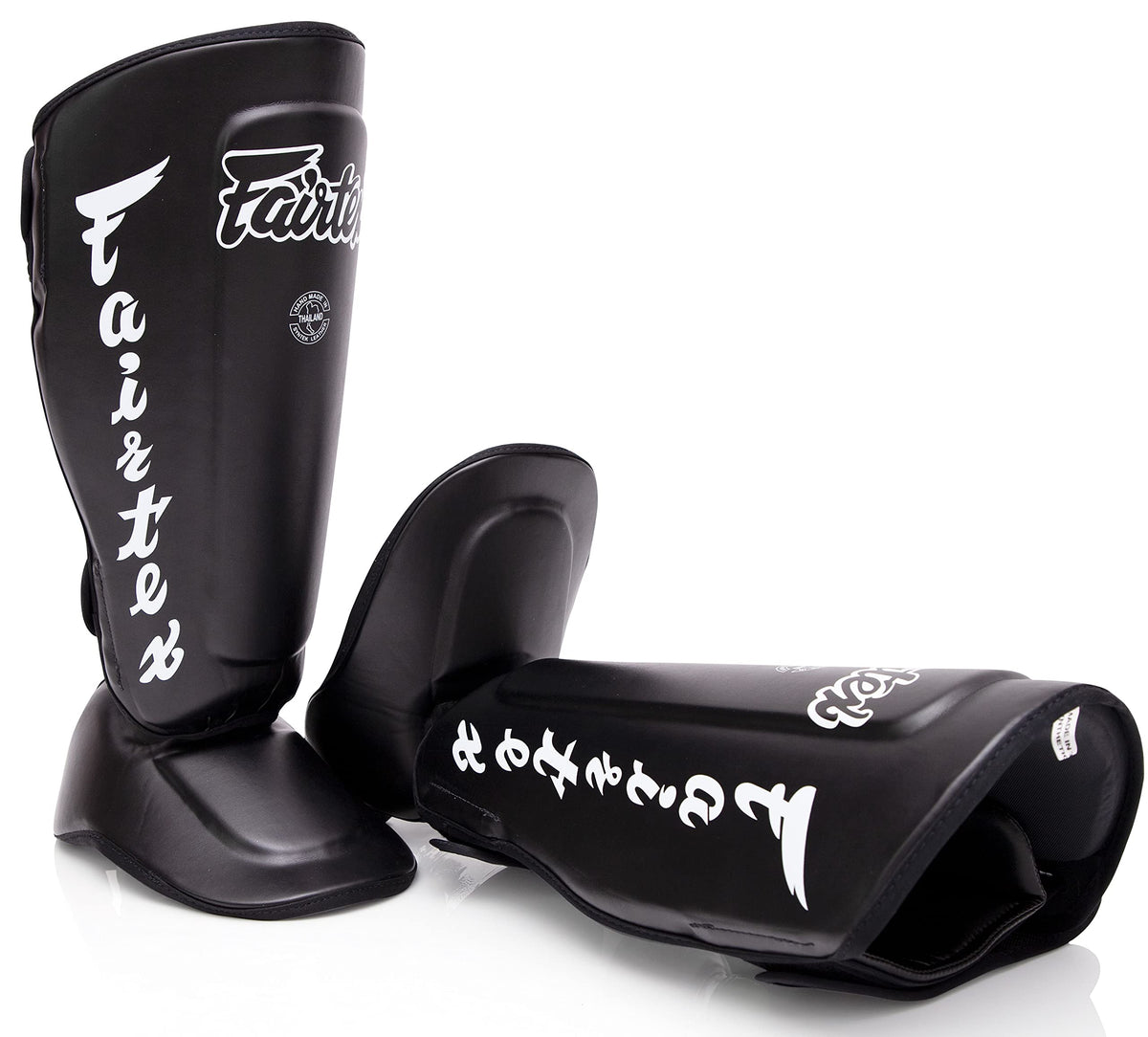 Fairtex SP7 Muay Thai Shin Guards for Men, Women, Kids | Shinguards Made with Syntek Leather & are Premium, Lightweight & Durable | Detachable shin & Foot Protector- Large, Black