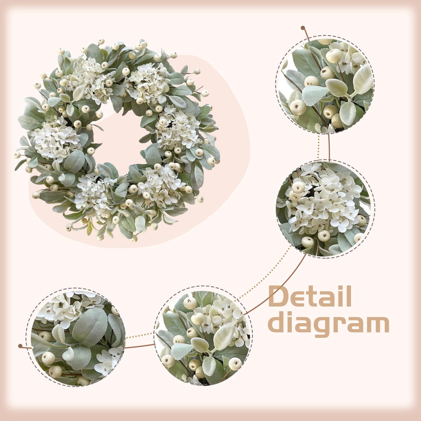 Idyllic 22 Inch Lambs Ears Leaves Everyday Wreath with Ivory Hydrangea and Cream Berries, Spring Summer Greenery Wreath with Burlap Ribbon Bow Knot for Doors, Rustic and Farmhouse Style Home Decor