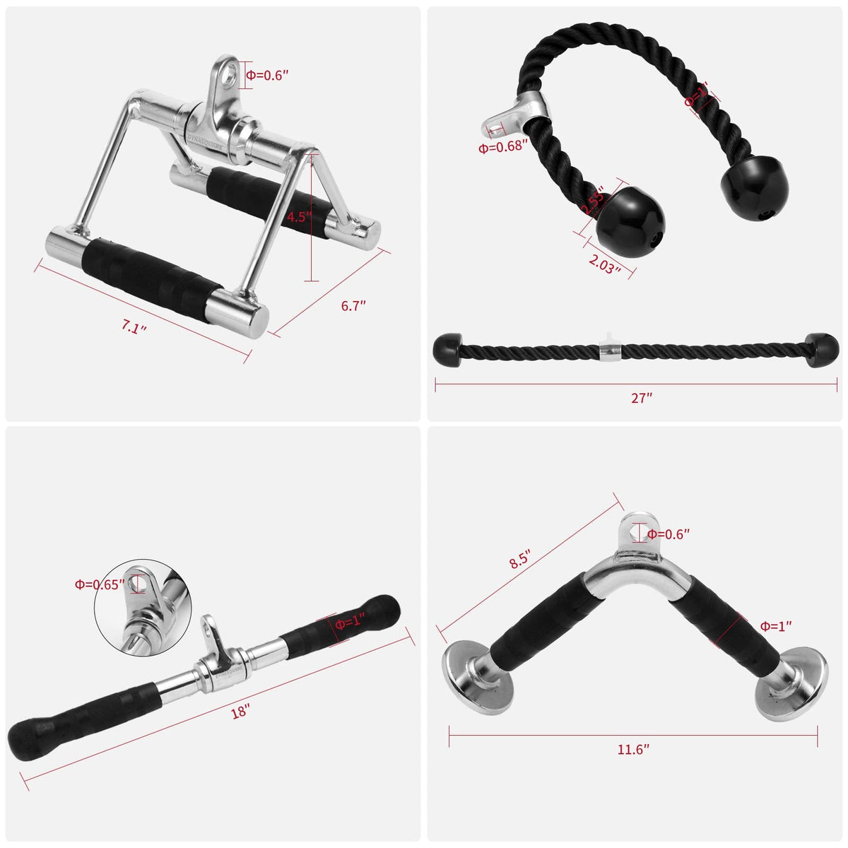 DYNASQUARE Tricep Press Down Cable Machine Attachment, Body Building, LAT Pulldown Attachments, Home Gym Accessories, Double D Handle, V Bar, Tricep Rope, Pull Down Bar