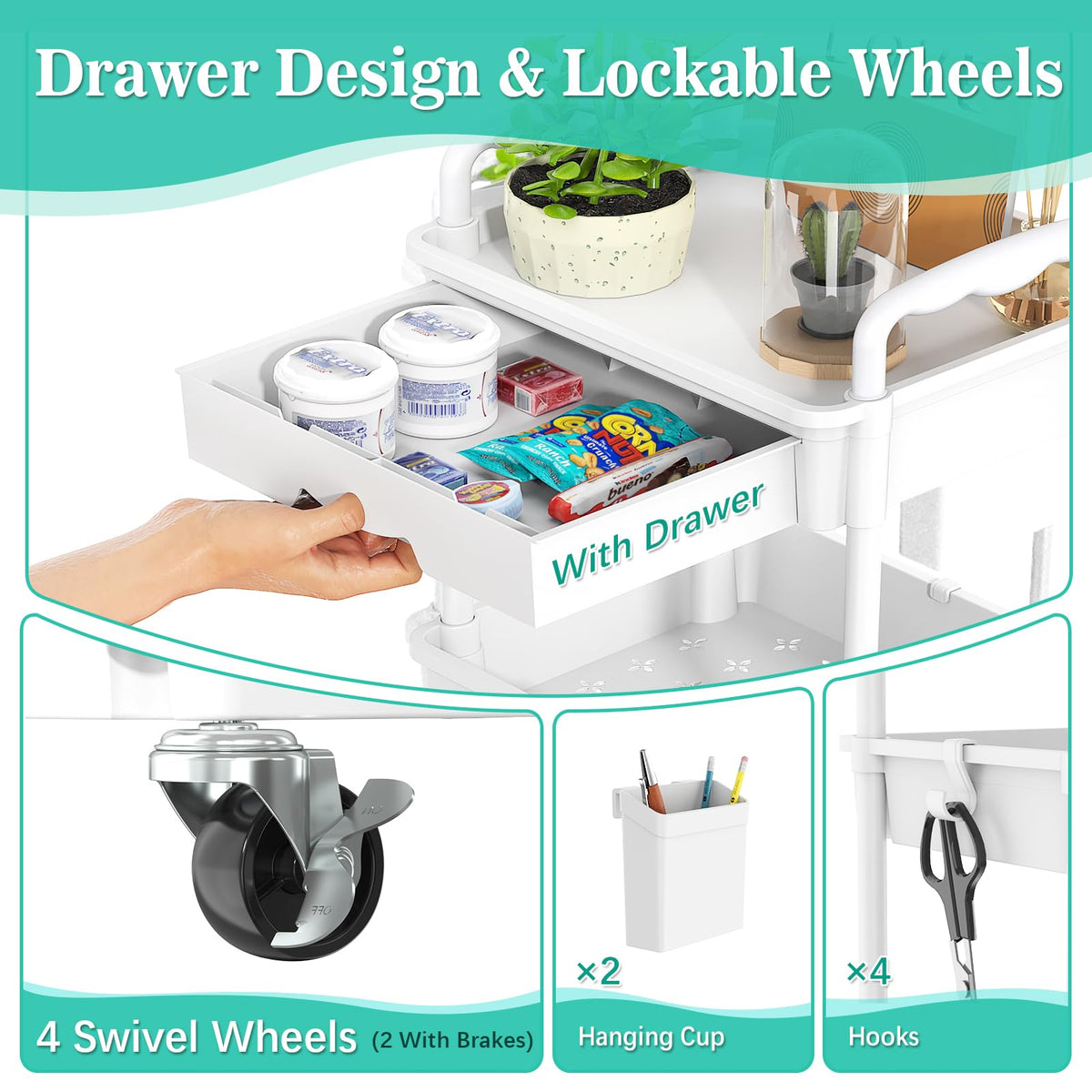 SUNALLY 3 Tier Rolling Cart with Drawer, Bathroom Storage Organizer with 2 Lockable Wheels, Multifunctional Rolling Storage Cart for Bathroom, Kitchen, Office, Craft, Makeup, Baby Essentials, White