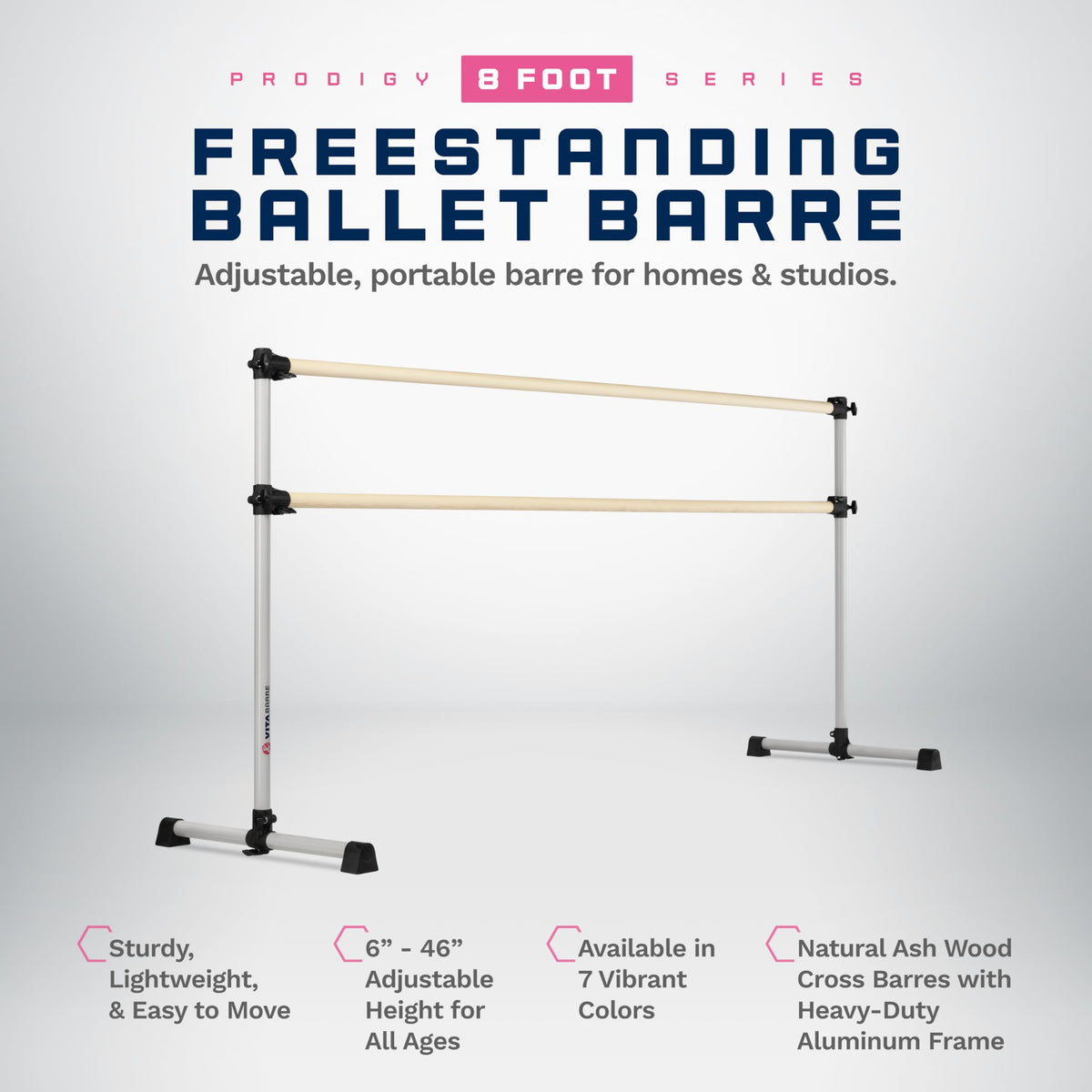 VITA Barre Portable Freestanding Double Ballet Barre, Prodigy, 8 Ft Wood Bars, Satin Silver | Adjustable Height, USA Made, Home or Gym Exercise Equipment for Kids & Adults | Dance, Fitness, Pilates