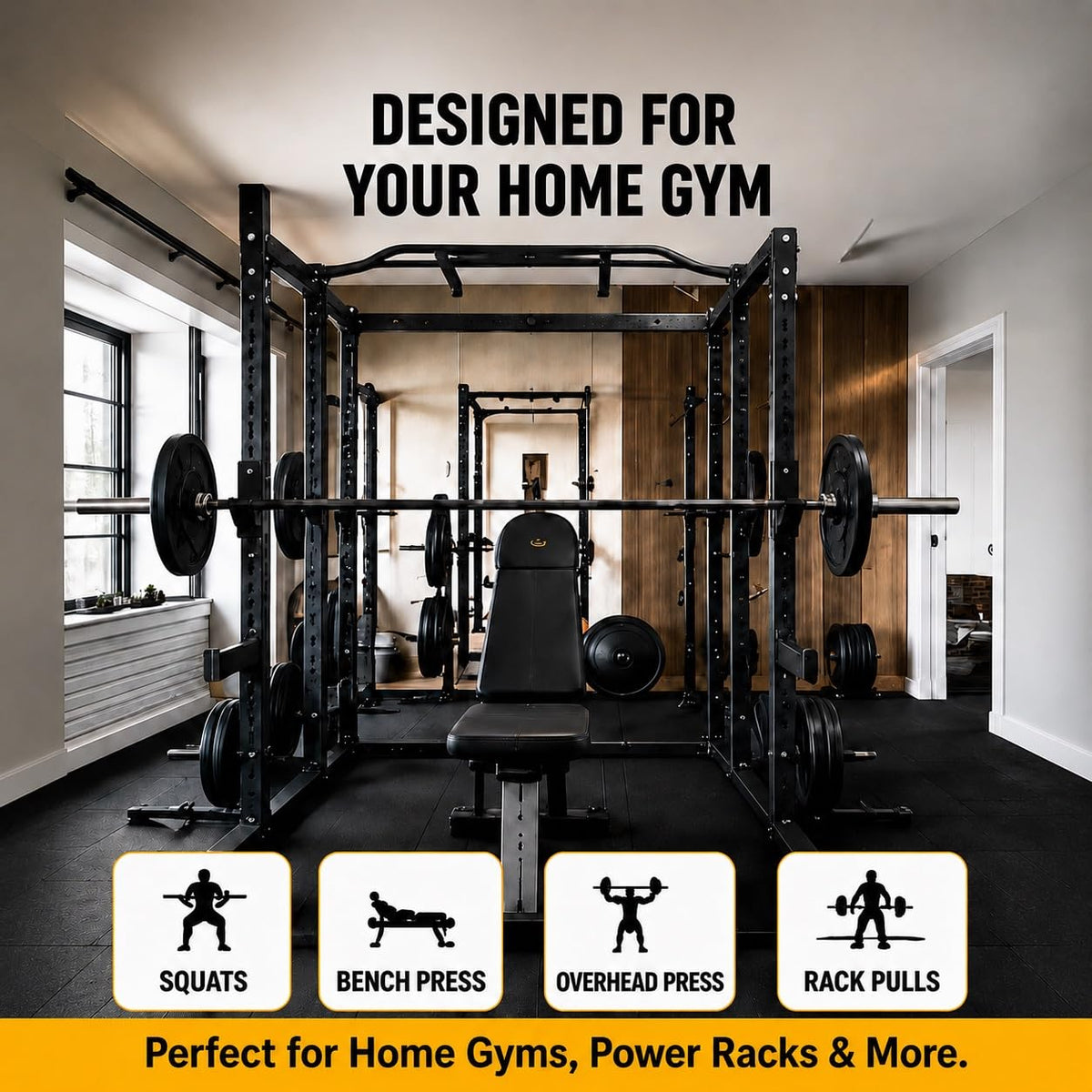 AINAFIX J Hooks for 2" x 2" Power Rack with 1" Hole, Rubber Pad J-Hook for Power Cage, Bottom Reinforced Steel J Cups for Squat Rack, Heavy Duty Barbell Holder, Black