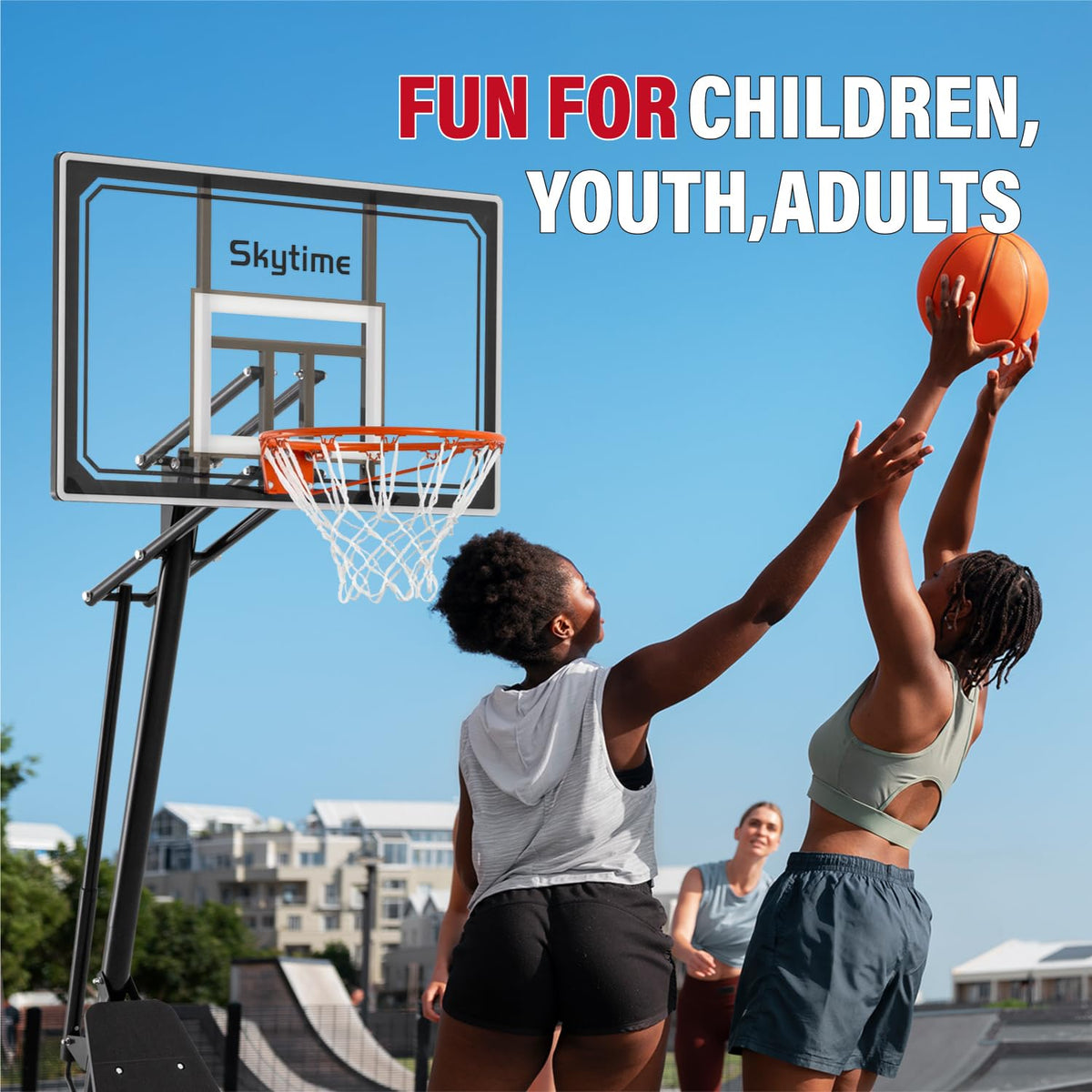 Skytime Basketball Hoop,Portable Basketball Hoop Outdoor with Shatterproof 44in PC Backboard,5.3-10ft Height Stepless Regulation Basketball Goal System with Rebound Plate，Black
