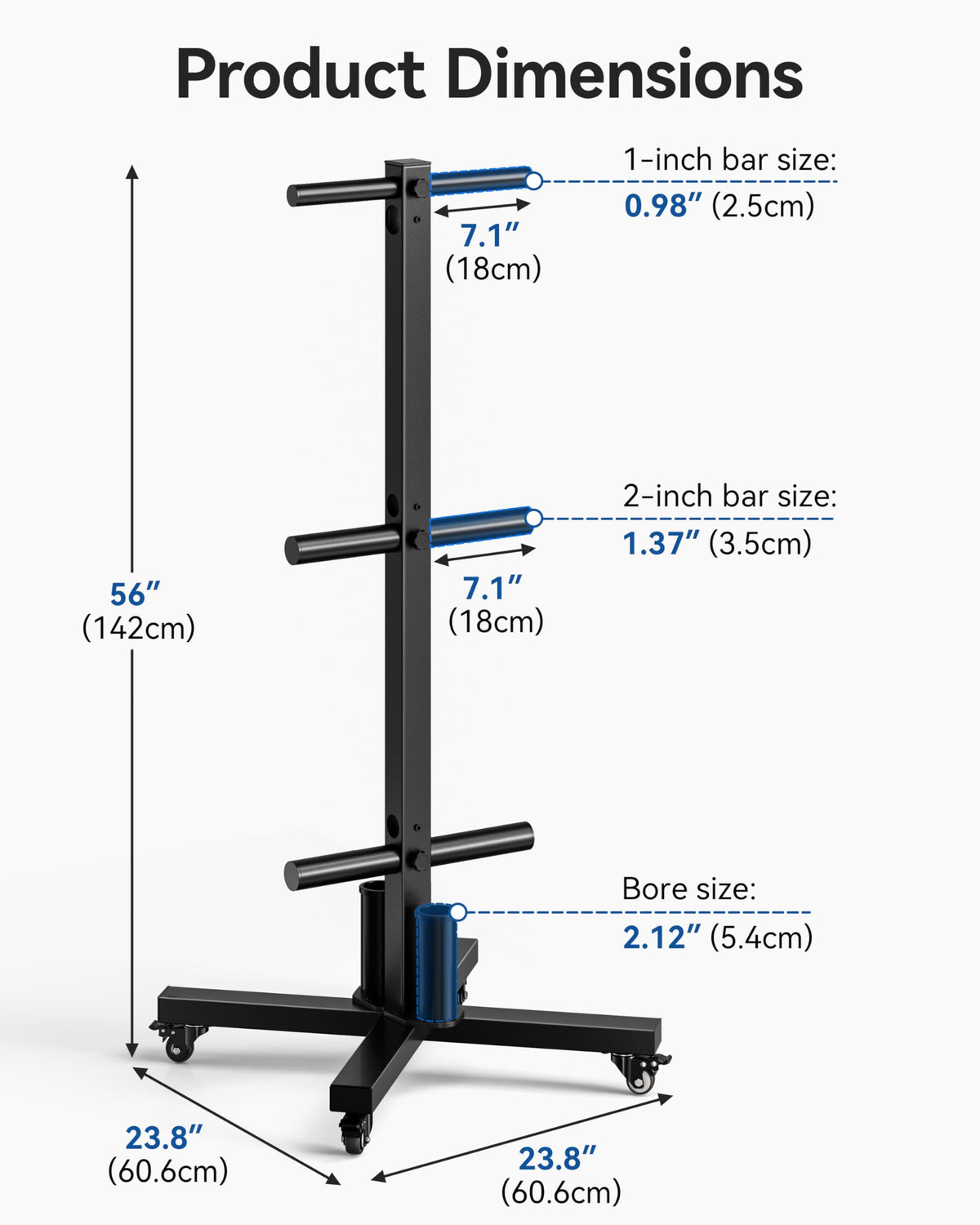 Movable Olympic Weight Plate Tree with 6 Metal Pegs, Fits 1" & 2" Weight Plates, Heavy Duty Storage Rack with Barbell Holders for Home & Garage Gym