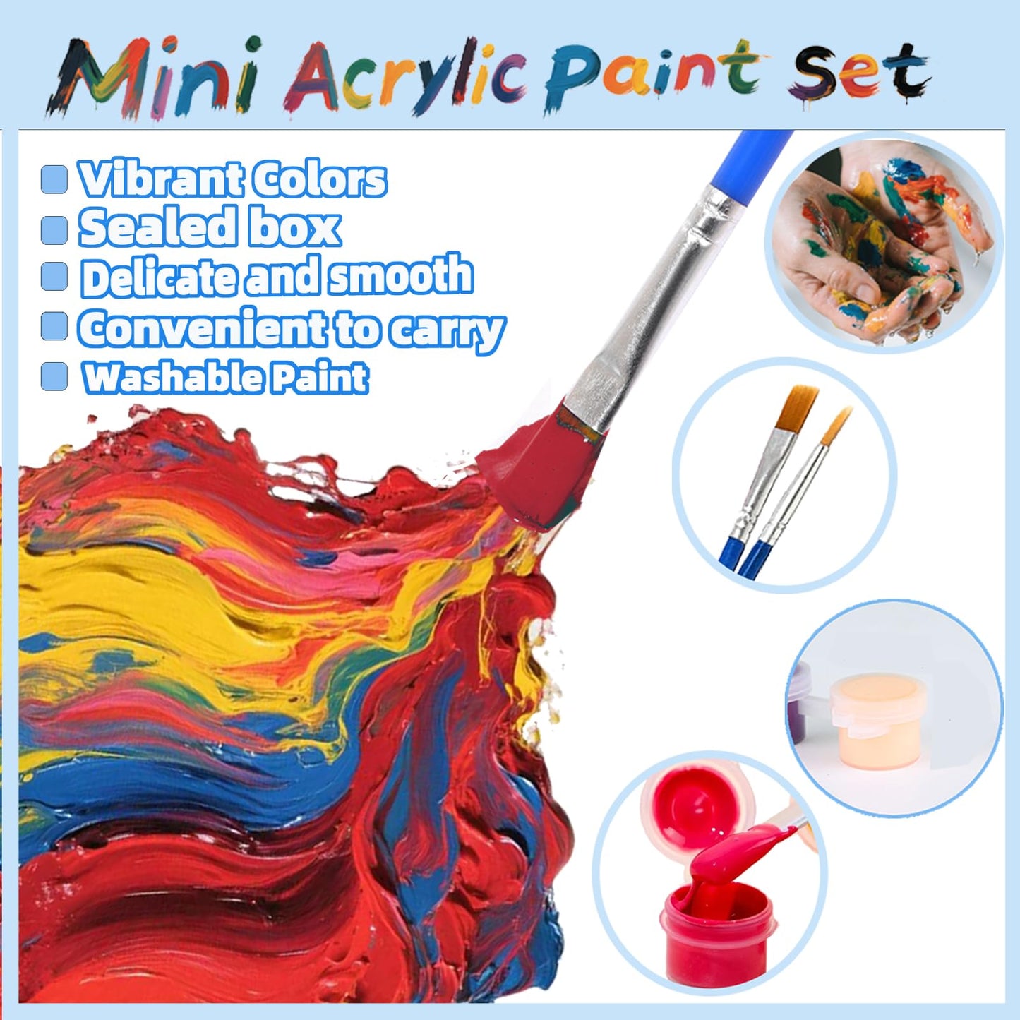 20 Pack Mini Acrylic Paint Set, 12 Colors Washable Paint Strips for Kids & Adults - Includes 40 Brushes (20 Flat + 20 Pointed), 280 PCS kids Paint Kits for Easter Eggs, Birthday, Classroom Party