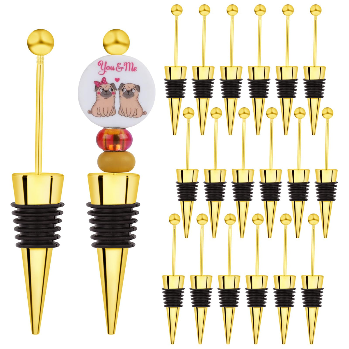 WEWAYSMILE 18 Sets Gold Beadable Wine Stoppers Silicone Wine Stoppers Reusable Alloy Wine Stoppers for DIY Drink Gifts Holiday Party Wedding Bar Accessories(Golden)