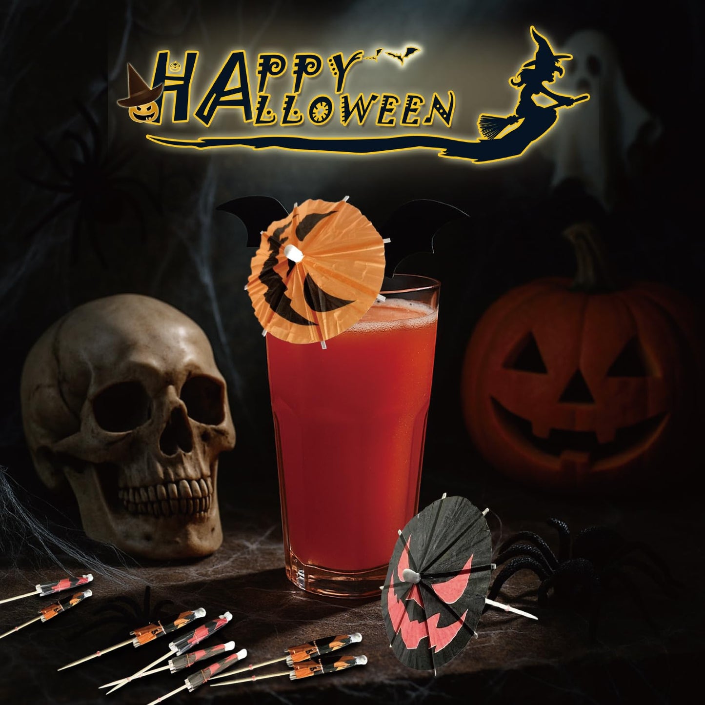 140 Pcs Halloween Pumpkin Cocktail Drink Umbrella Picks, 4 Inch Spooky Paper Toothpicks with Pumpkins Cocktail Umbrellas Fruit Dessert Cupcake Topper Sticks for Halloween Party Decorations (Orange)