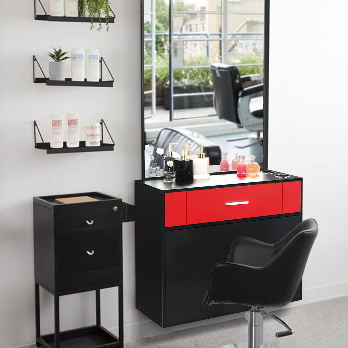Red Salon Cabinet with Mirror, Professional Hair Styling Station for Home, Makeup Vanity Table Salon Furniture Barber Cabinet Storage Organizer Beauty Salons Equipment