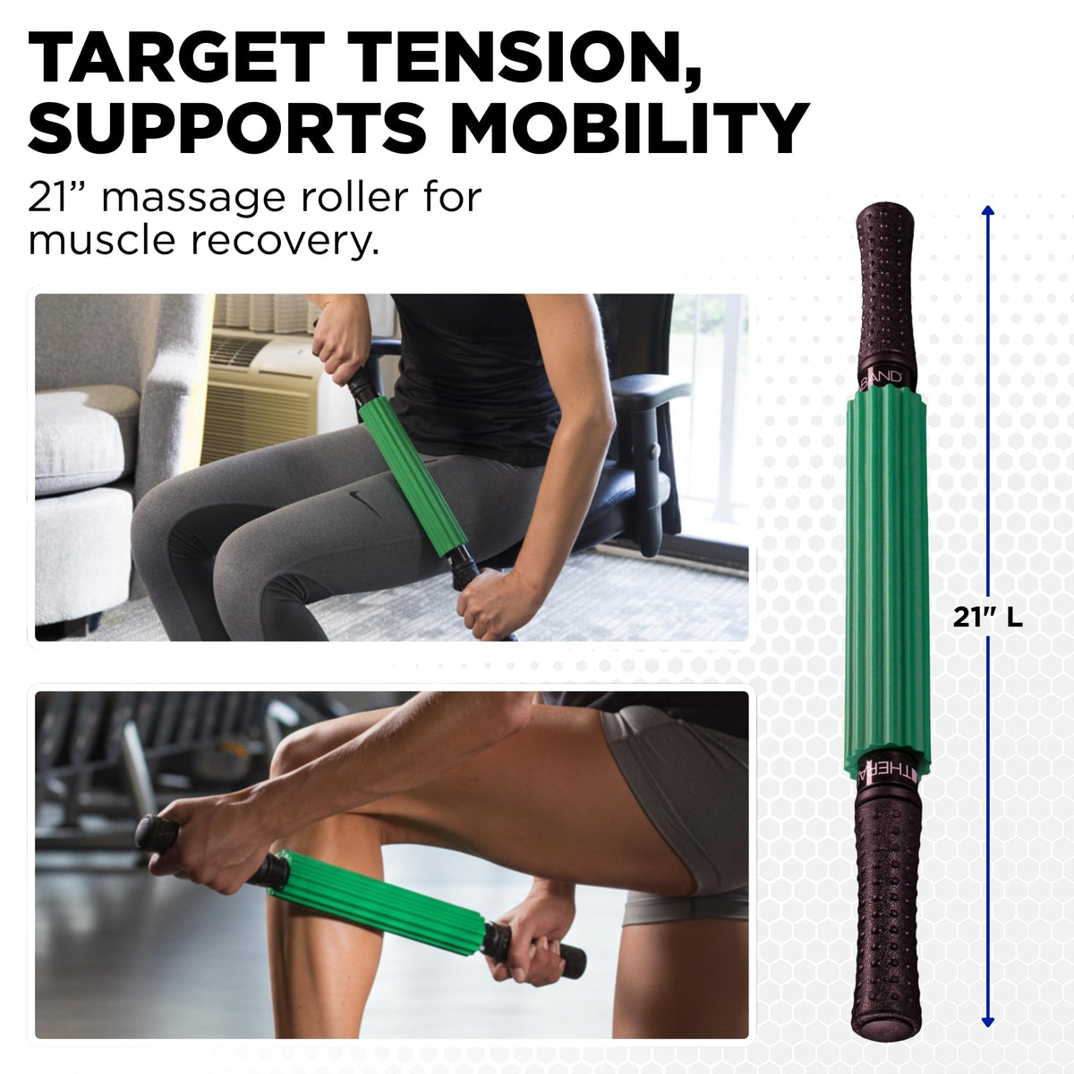 THERABAND Roller Massager Stick Standard, Deep Tissue Muscle Roller for Legs, Back, Calves, Athletes & Runners, Foam Roller Stick for Muscle Massage, Trigger Point Tool, 21" Manual Massager