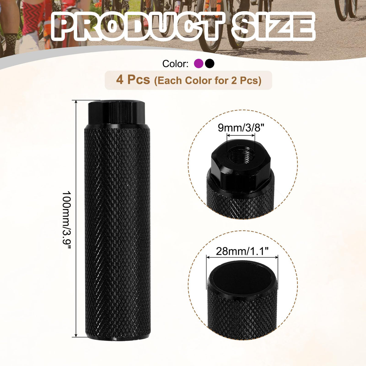 PATIKIL Bike Pegs Fit 3/8 Inch Axles, 4 Pack Aluminum Alloy Anti-Skid Lead Foot Small Bicycle Peg Back Seat Stands for BMX Mountain Dirt Bike Cycling Rear, Purple/Black
