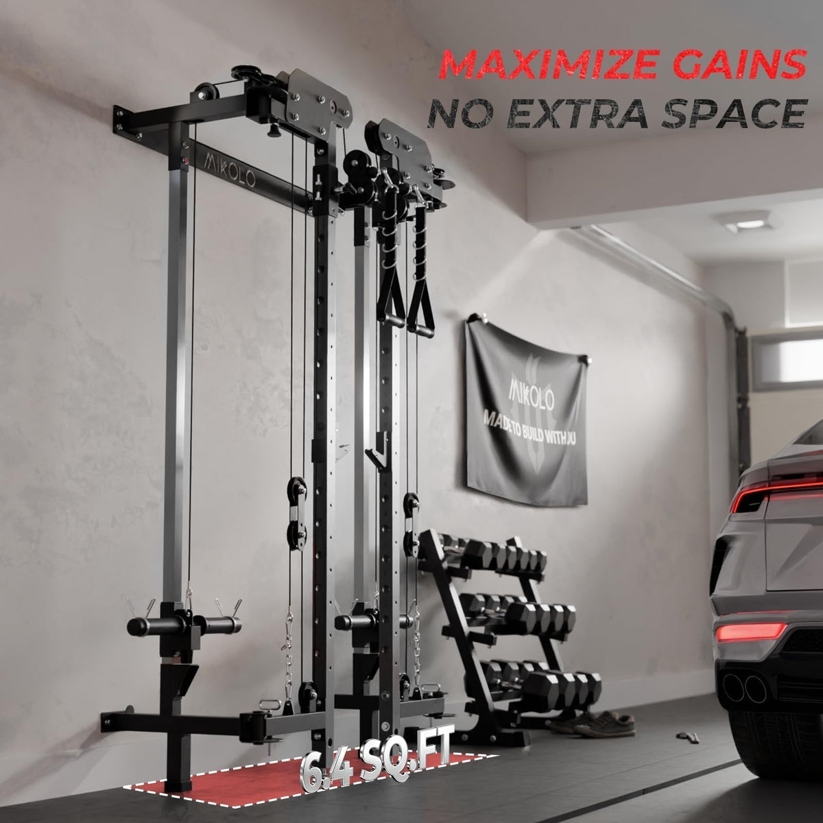 Mikolo Folding Squat Rack, Wall Mounted Power Rack with Cable Crossover Machine & LAT Pull Down, Functional Trainer with 5 Adjustable Function Modes, with Weights (Black)