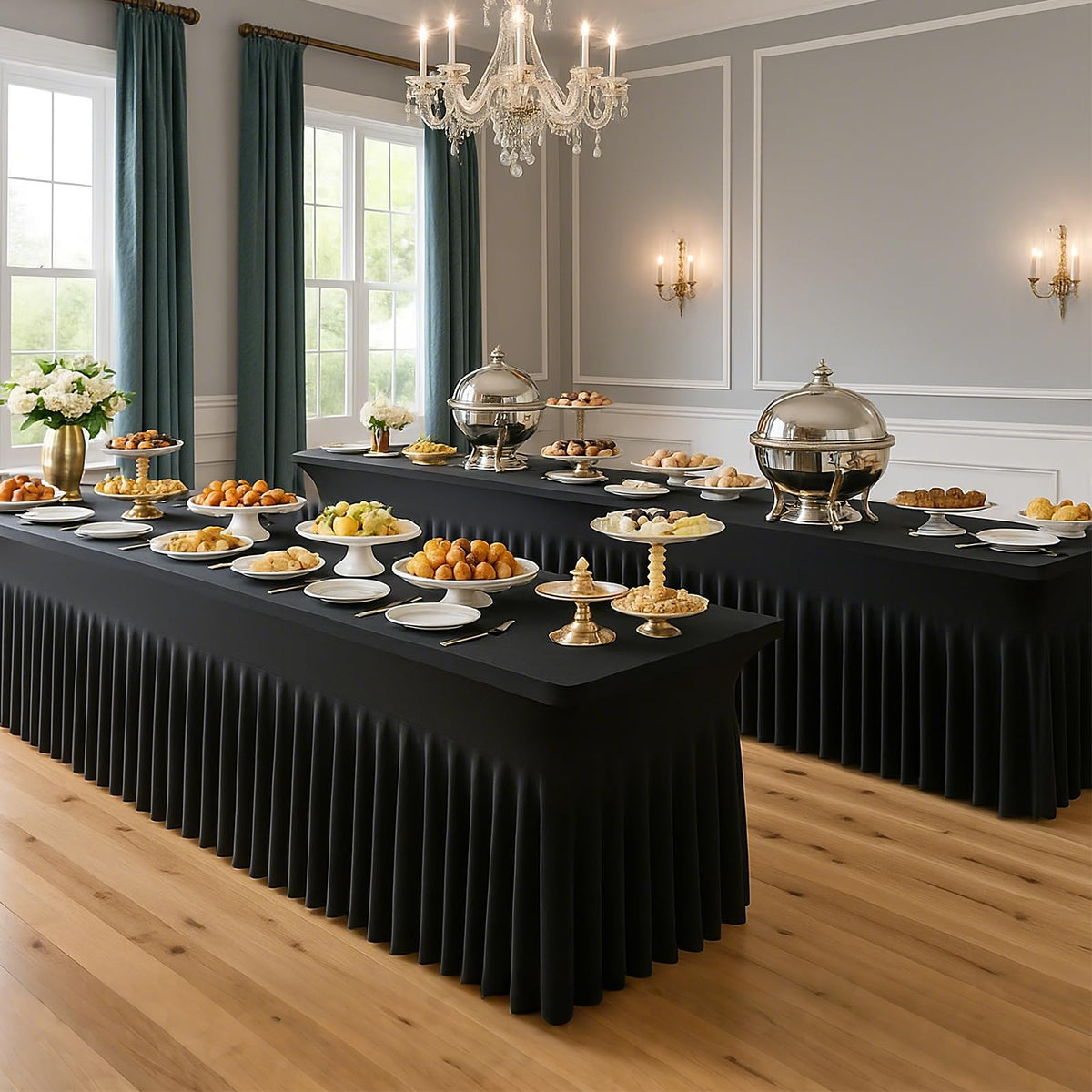 Deep Dream 2 Pack Black Spandex Table Covers 6 Foot, Fitted Stretch Tableclothes 30x72 Inch, Wrinkle Free 6FT Fitted Table Clothes with Skirt for Party, Banquet, Wedding and Events