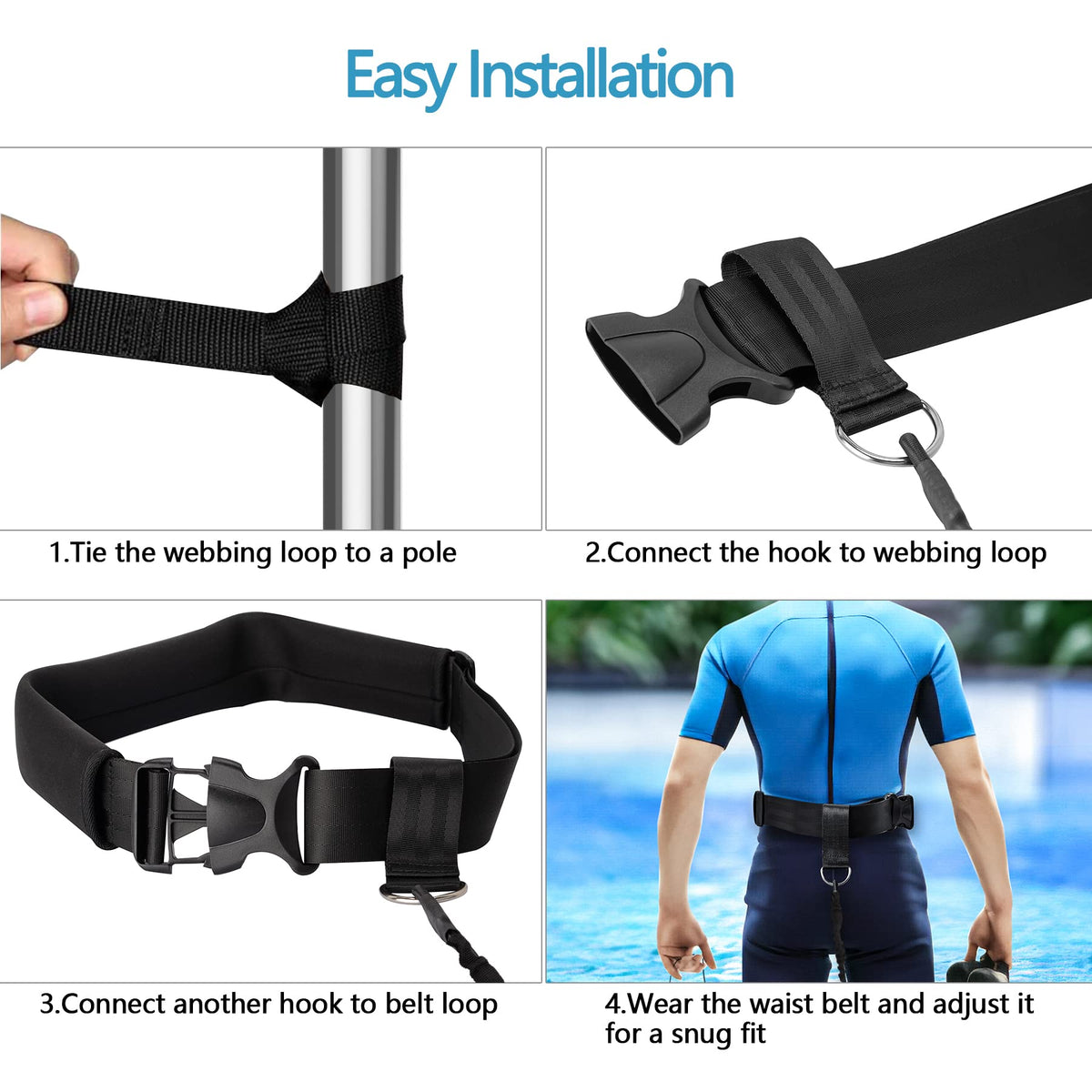 Hikeen Swimming Training Belt 4M Swimming Tether Swim in Place Harness Stationary Aquatic Resistance Belt