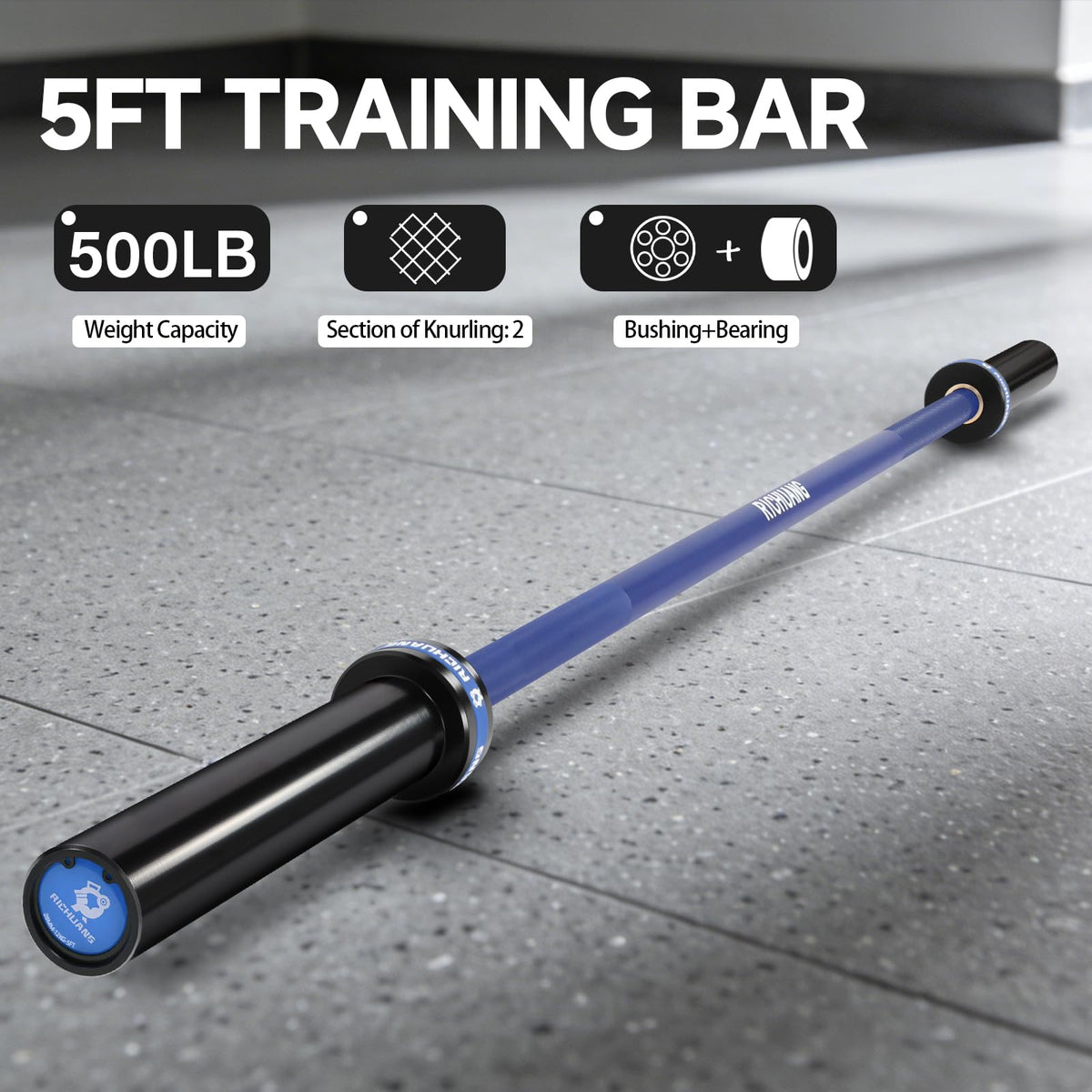 RICHUANG Olympic Barbell 5FT 26.5LB – 2" Weightlifting Bar for Home Gym Fitness, Squats, Deadlifts, Hip Thrusts, Bench Press, Strength Training – 500LB Capacity – Blue