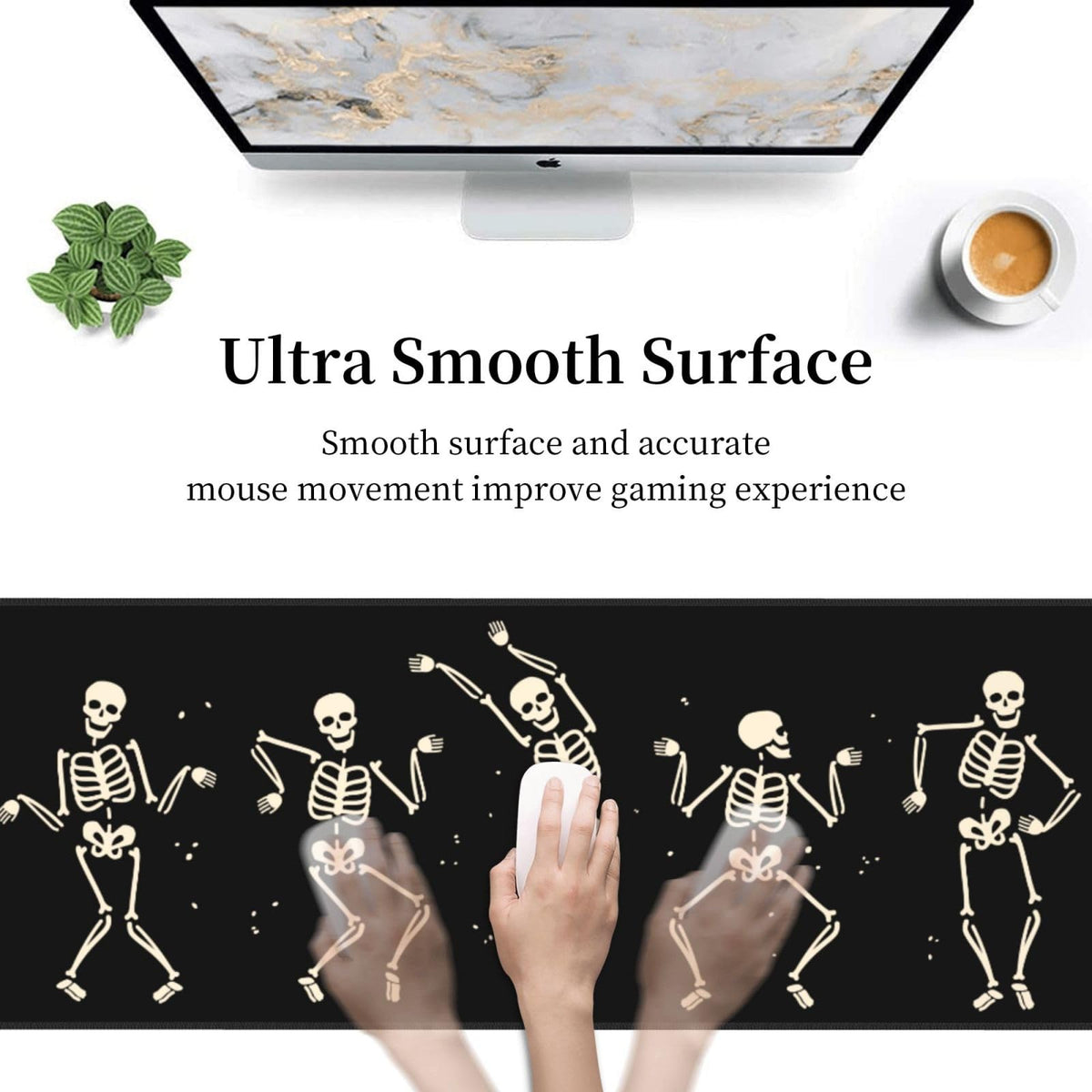 Dancing Skeleton Large Gaming Mouse Pad, Black Halloween Themed Extended Desk Mat with Non-Slip Base for Office & Home Decor 31.5 X 11.8 Inch