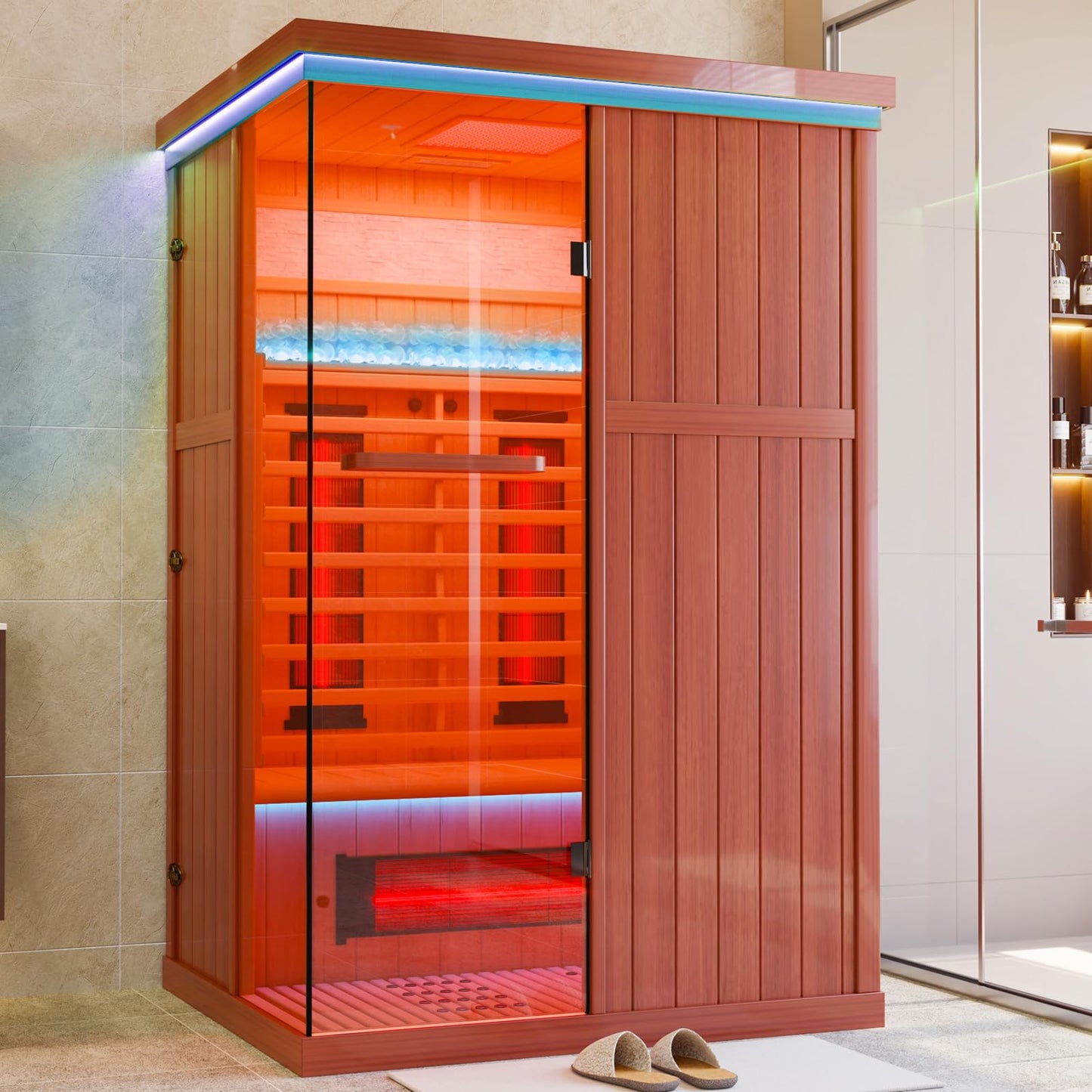 MEISSALIVVE Full Spectrum Sauna for Home, 2 Person Indoor Infrared SPA Room with 10 Minutes Warm-up Heat, Red Cedar Home Sauna Infrared Sauna with Bluetooth and Tempered Glass