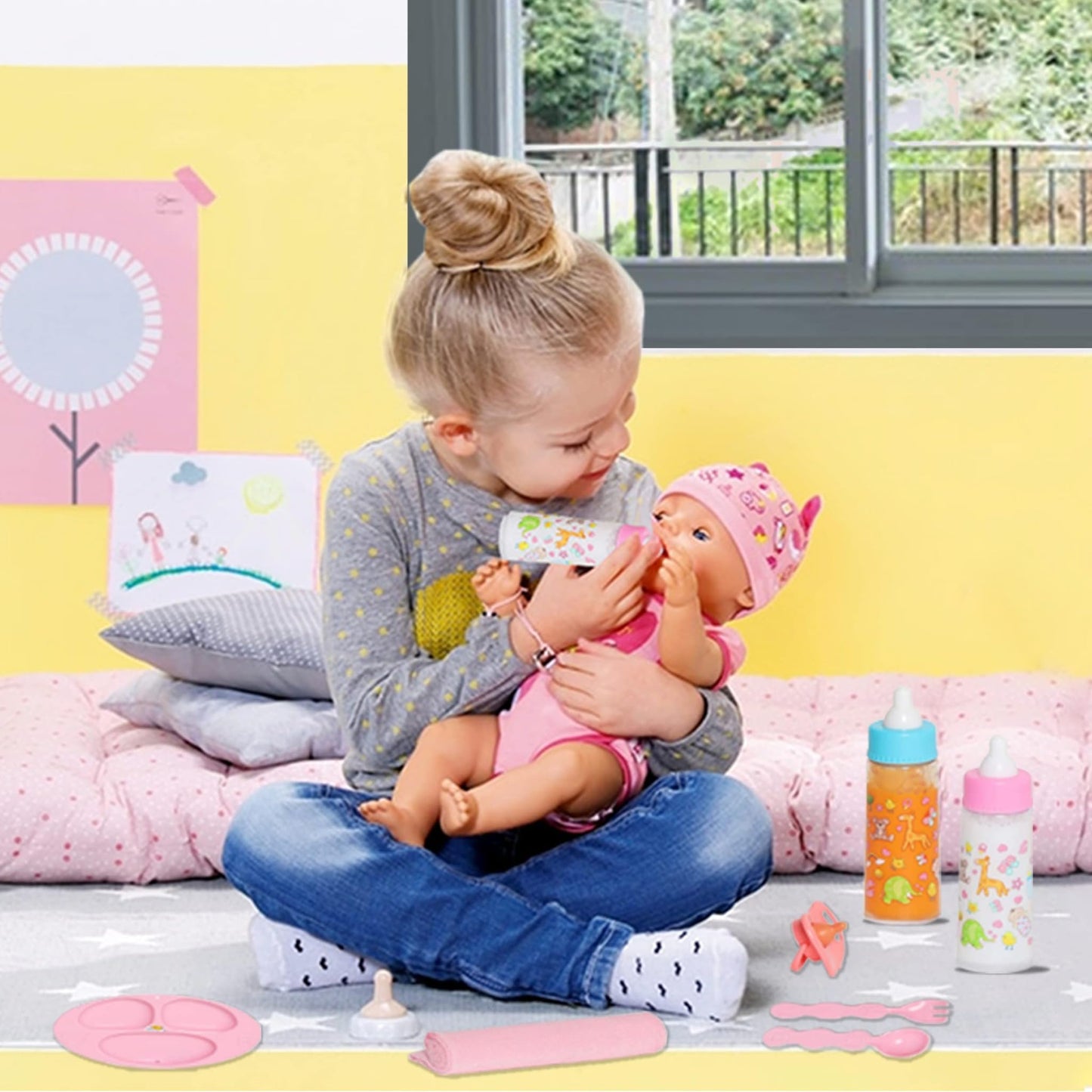 My Sweet Baby 13-Piece Doll Feeding & Diaper Bag Set – Disappearing Milk Bottles, Bibs, Pacifiers, Diapers & Accessories Set – Pretend Play Baby Doll Care Kit for Girls – Fits 12–18″ Dolls