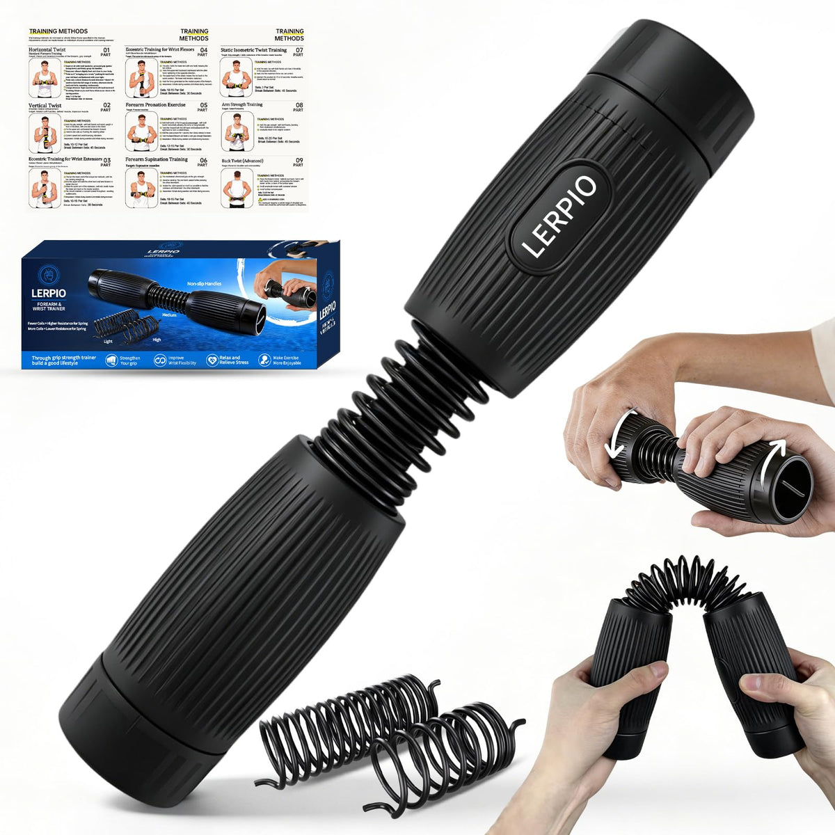 Lerpio Forearm & Wrist Trainer, Adjustable Resistance Grip Strength with Interchangeable Springs Design, Beginner to Advanced Portable Arm Workout Equipment for Home, Gym, Office (Black)