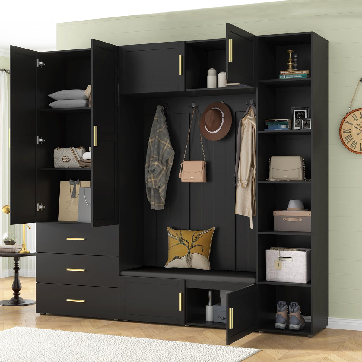 Amposei 94.49’’W Extra Large Hall Tree Cabinet with 6 Doors & 3 Drawers, Tall Entryway Organizer Shoe Storage Bench with 4 Coat Hooks & 6 Open Cubbies for Hallway Mudroom Living Room, Black