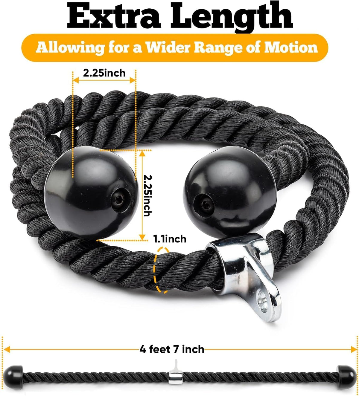 55 Inches Double Length Tricep Pull Down Rope - Heavy Duty Rope Attachment for Cable Machine, 360° Swivel Connector, Long Tricep Rope for Gym Home Commercial Workouts (4 Feet 7 Inch)