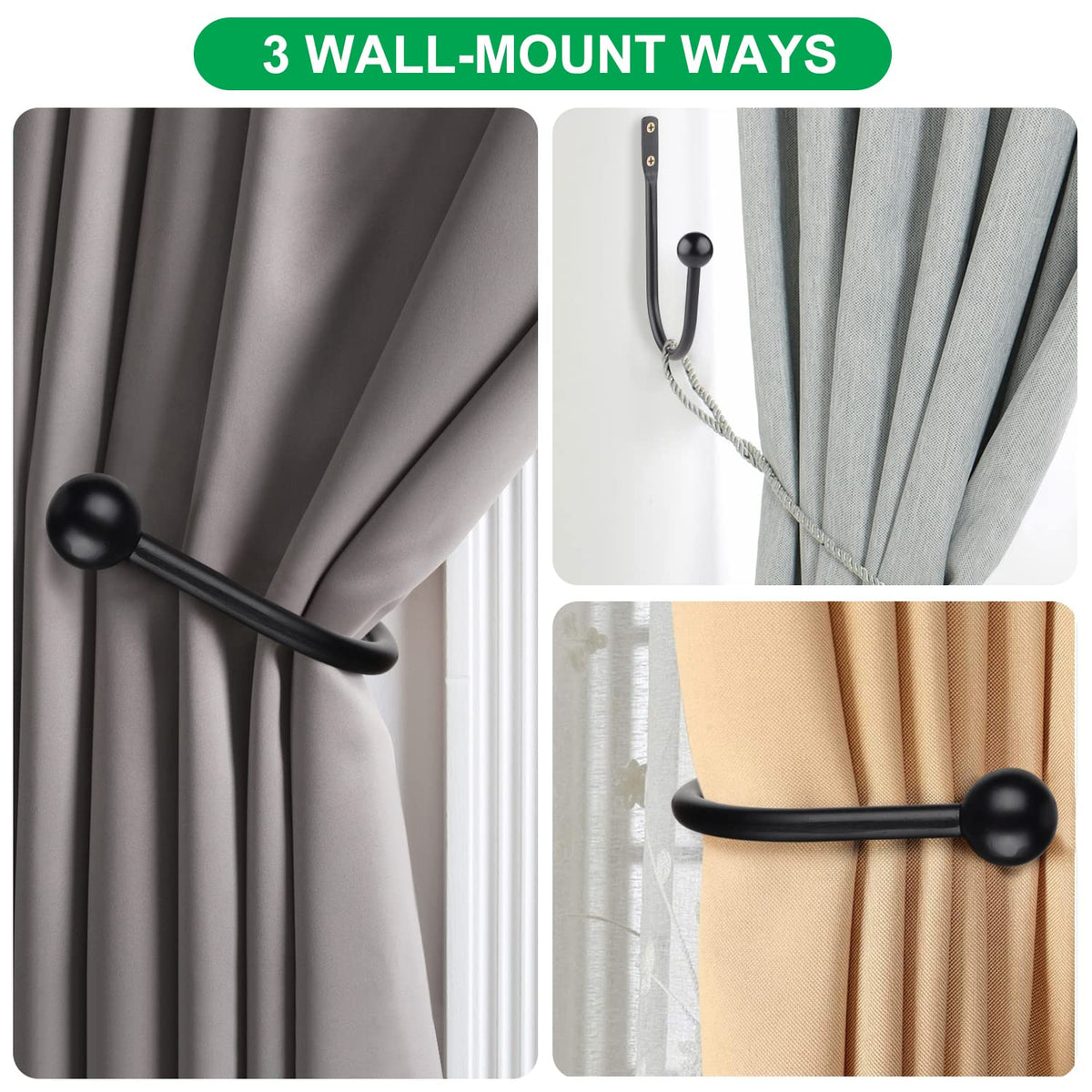 Curtain Holdbacks, 6pcs Curtains Holder Wall Mounted Drapery Tiebacks Retro Window Hook for Home Decor, Matte Black