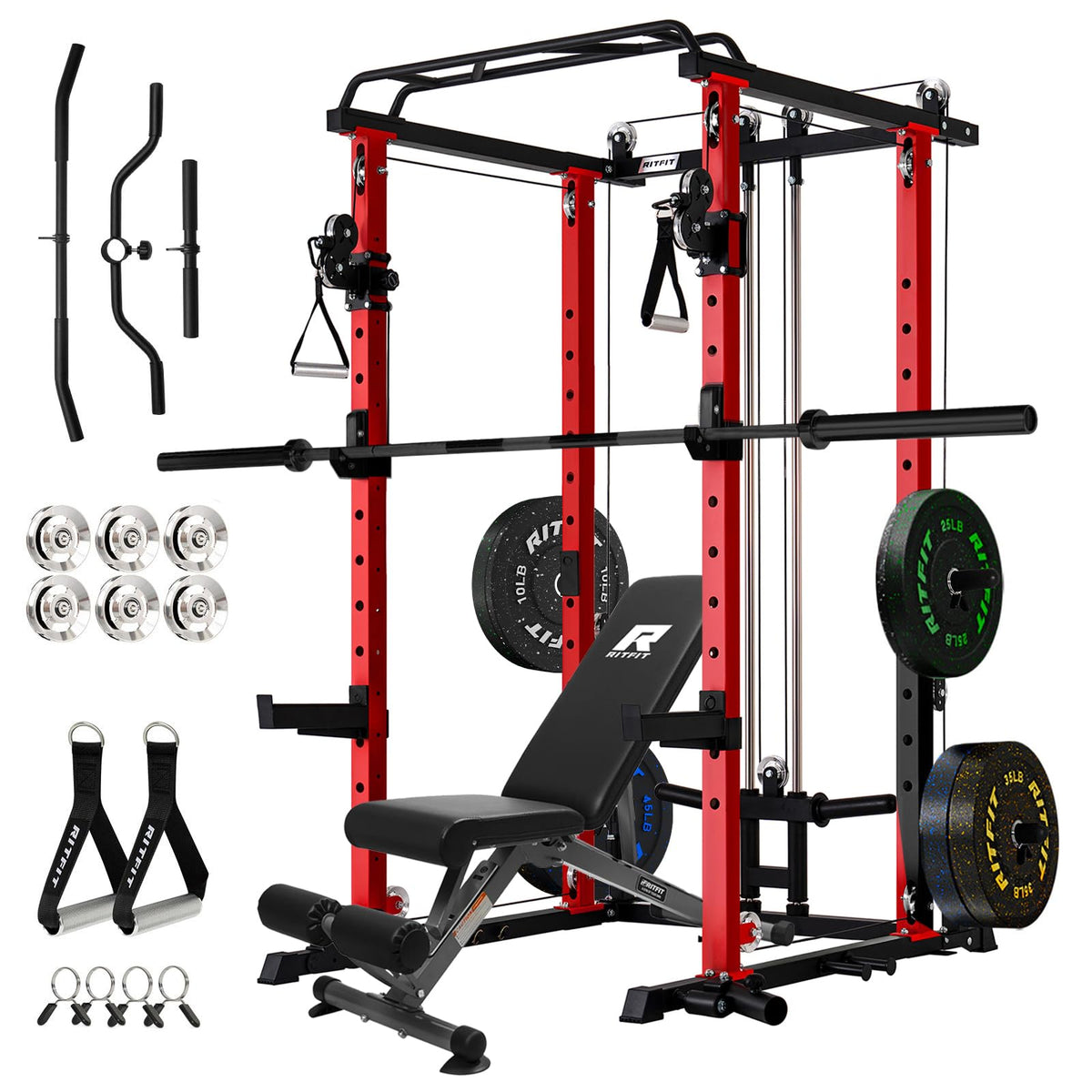RitFit Squat Rack Power Cage Home Gym Package, Includes 1200LBS Power Rack with Cable Crossover System, Weight Bench, Weight Plate Set with Olympic Barbell (Package 1.7K (Pink Plate 260LBS))