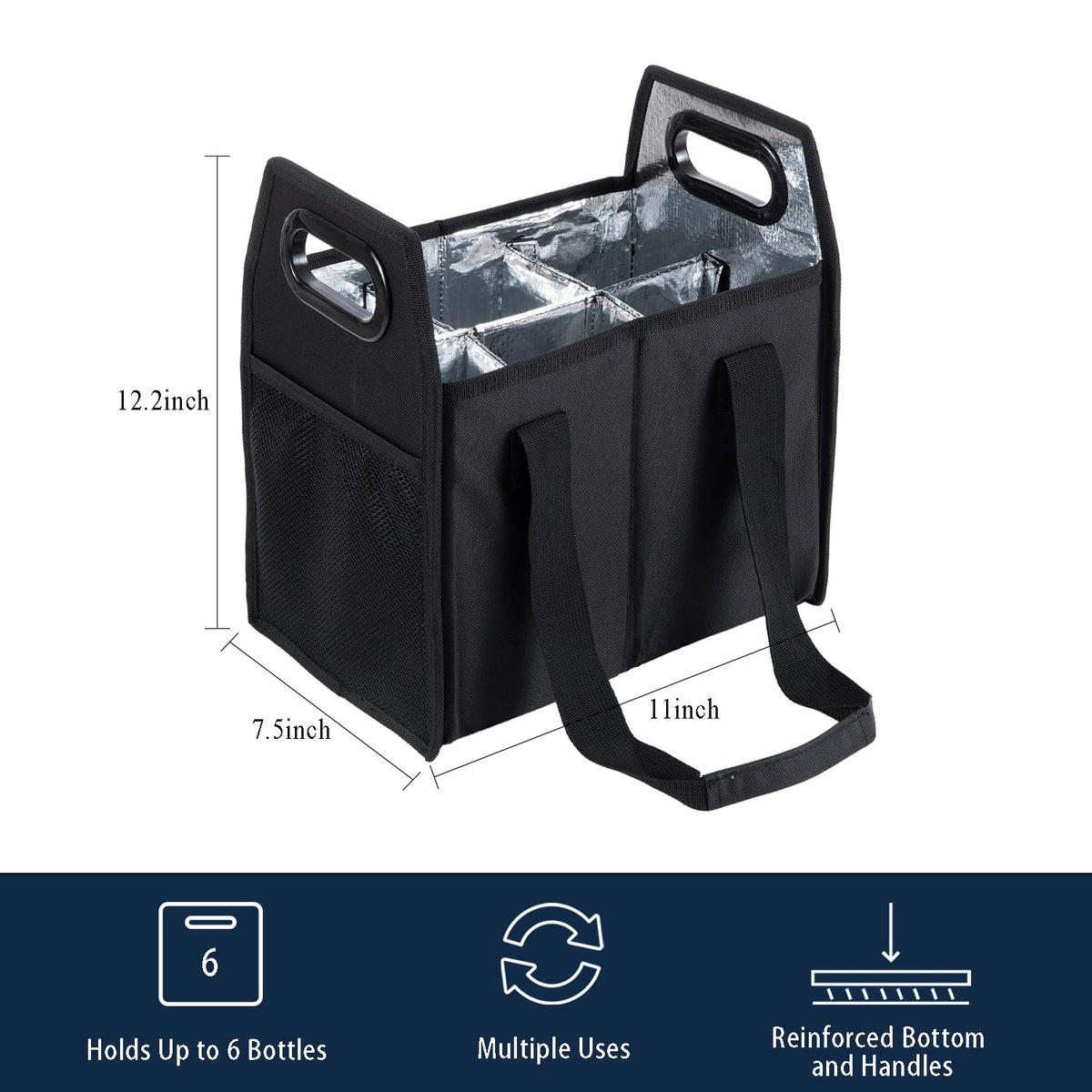 LUILANC 6 Bottle Wine Carrier Collapsible Reusable Portable Wine Bottle Carrier Case for Tote Bag Moving, Vacation Bottle Caddy Grocery Shopping Wine Tasting Accessory, Black