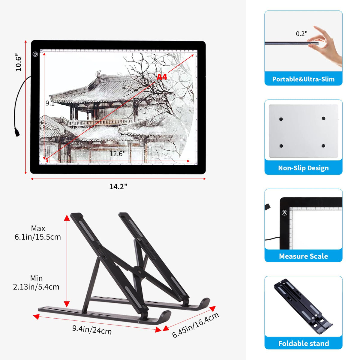 A4 Light Board for Diamond Painting - Tracing Light Box with Stand, Stepless Dimmable 3 Levels Brightness Light Pad, Ultra-Thin LED Light Pad for Weeding Vinyl, Drawing, Diamond Painting
