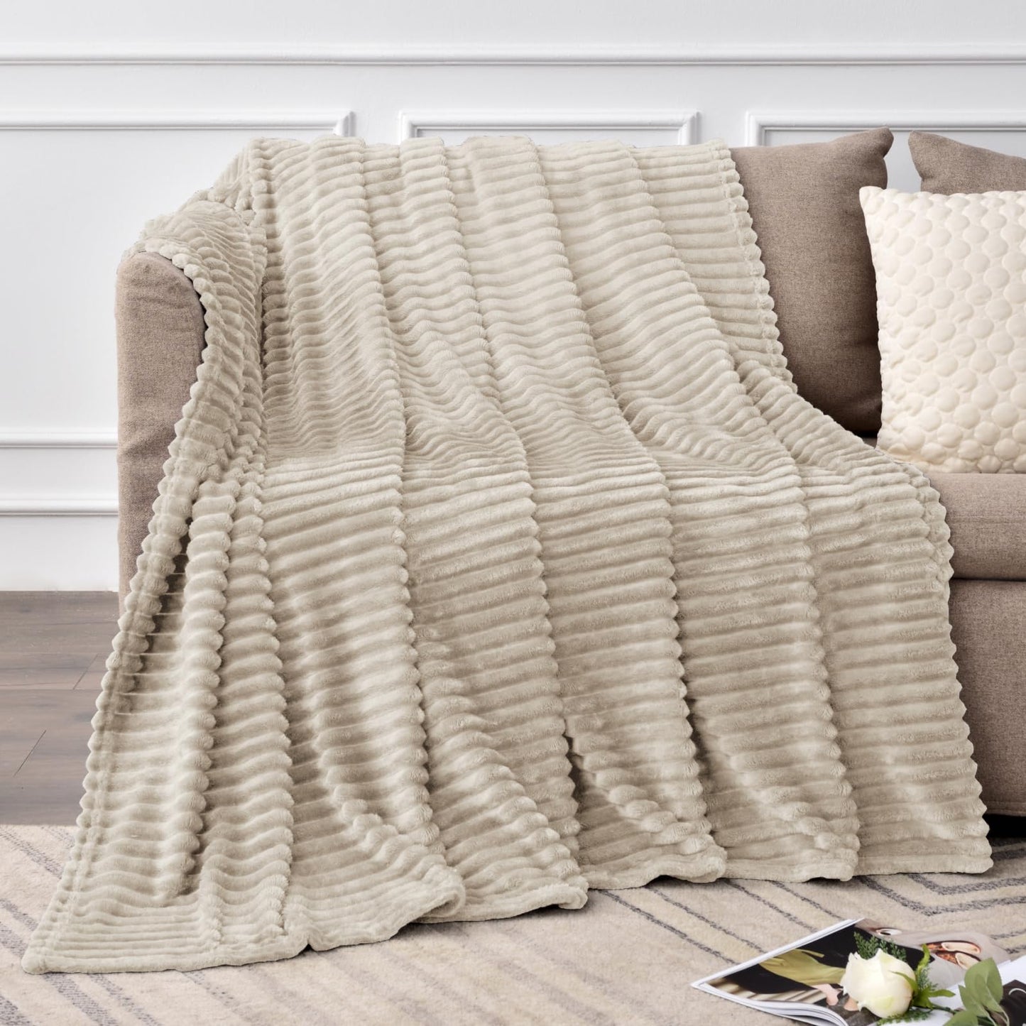 BEDELITE Fleece Throw Blanket for Couch – 3D Ribbed Jacquard Soft and Warm Decorative Fuzzy Blanket – Cozy, Fluffy, Plush Lightweight Linen Throw Blankets for Bed, Sofa, 50x60 inches