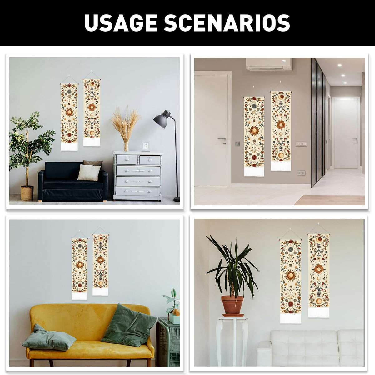 PLIGREAT 2 Pack Sun Moon Wall Hanging Long Narrow Tapestry Aesthetic Wall Tapestry for Bedroom Living Room Bathroom Home Office Decor