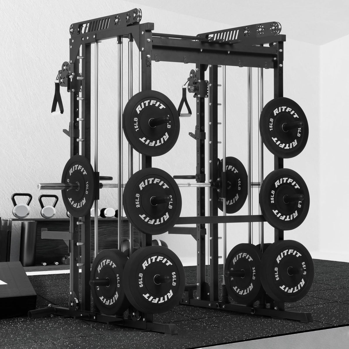 RitFit M1 Pro SmithMachine with Cable Crossover System, Multi-Function Squat Rack Power Cage for Home Gym, Power Rack and Packages Black（bp260 Package）